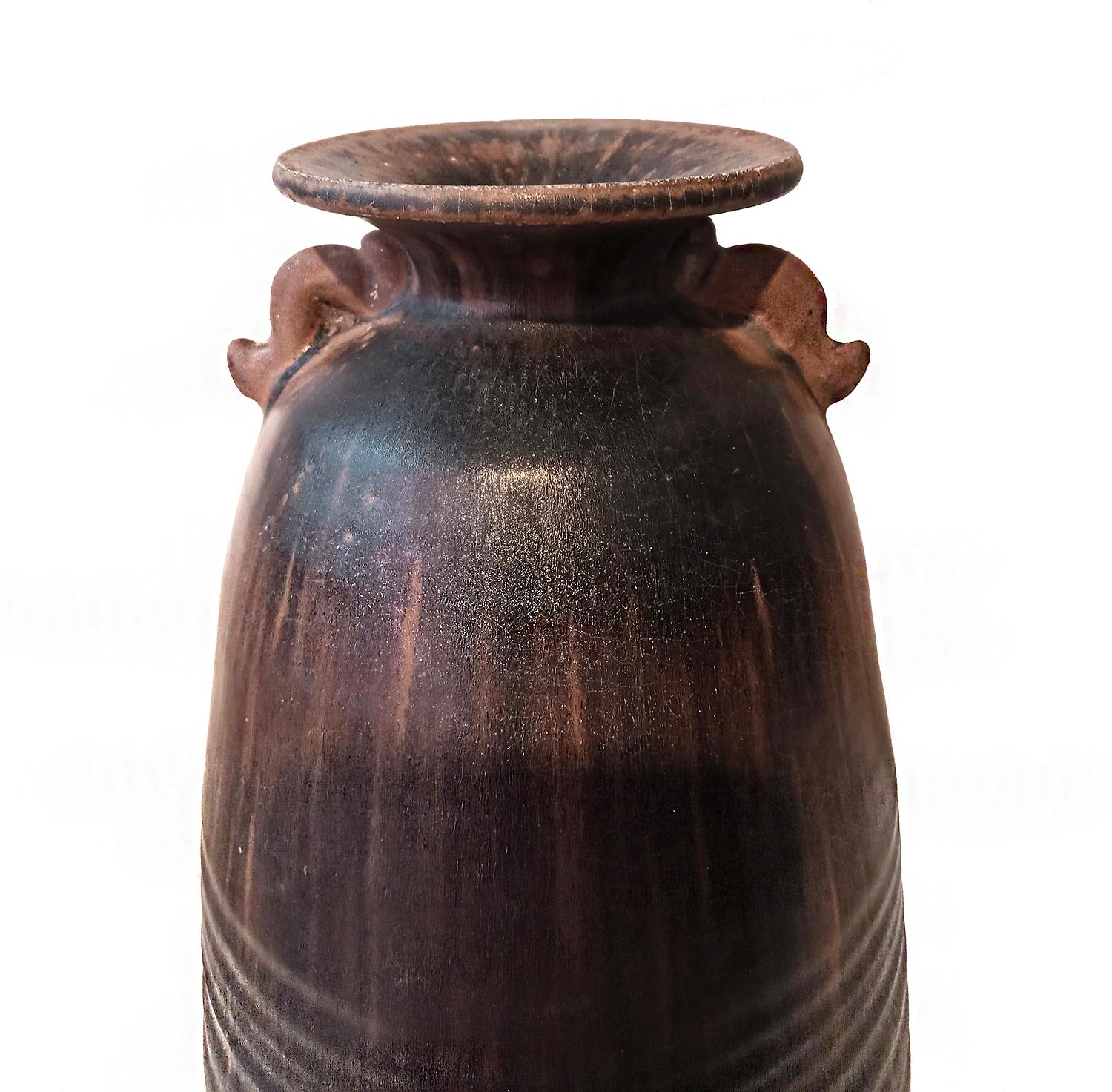 Tall Ceramic Thai Vase in Brown Mottled Glaze, with Looped Handles For Sale 5
