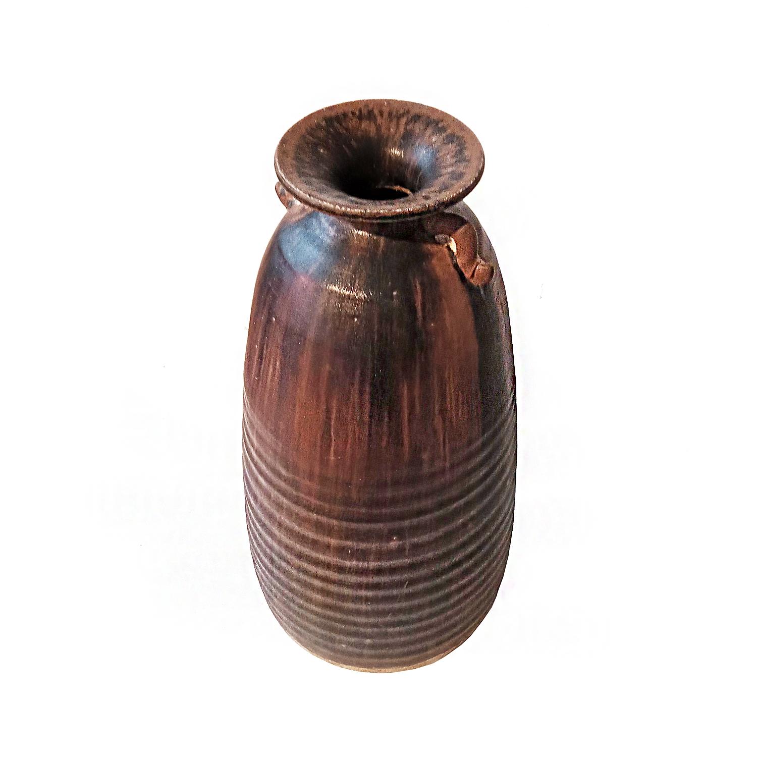 Glazed Tall Ceramic Thai Vase in Brown Mottled Glaze, with Looped Handles For Sale