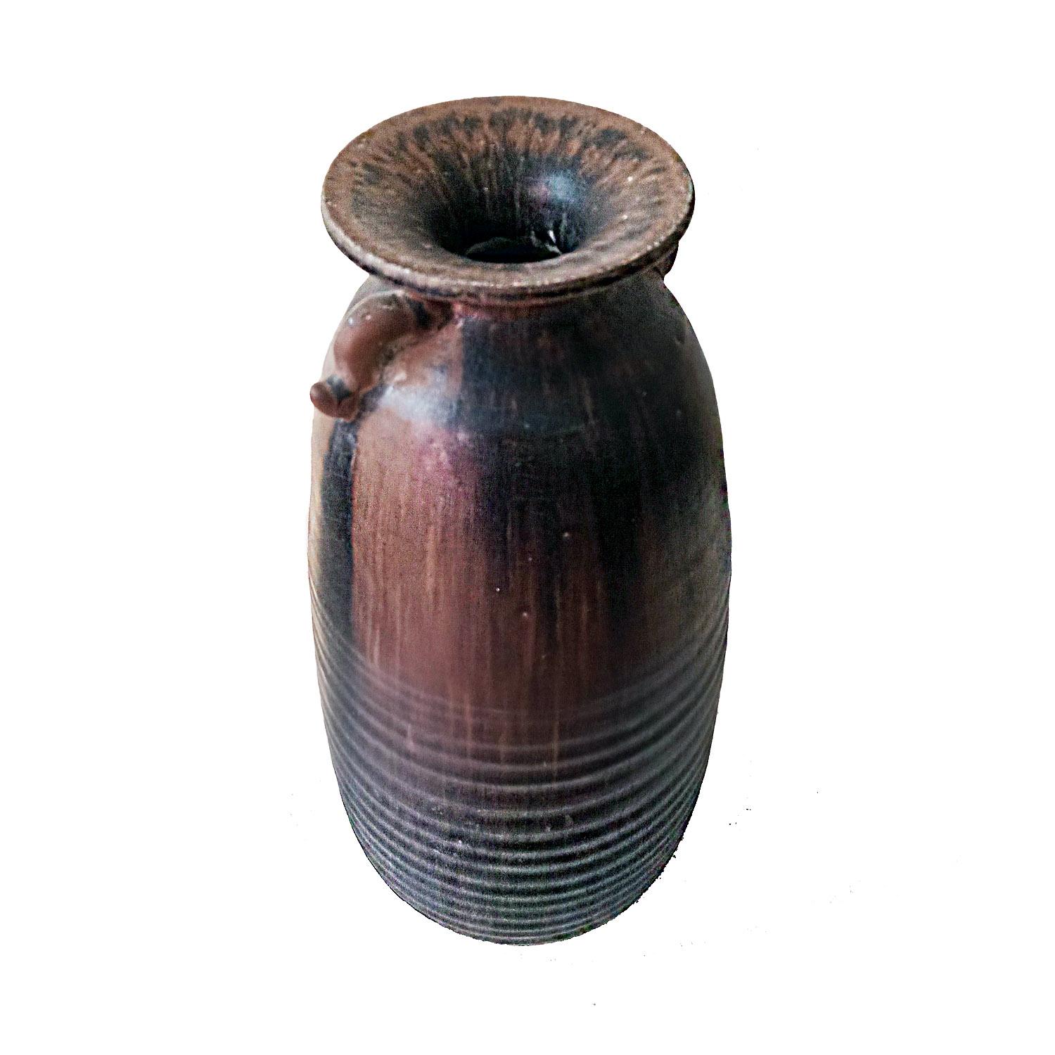 Tall Ceramic Thai Vase in Brown Mottled Glaze, with Looped Handles For Sale 1