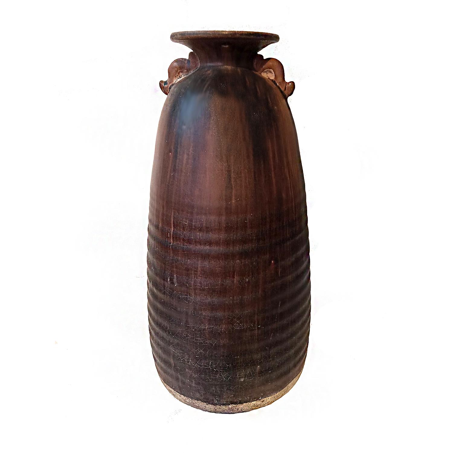 Tall Ceramic Thai Vase in Brown Mottled Glaze, with Looped Handles For Sale 3