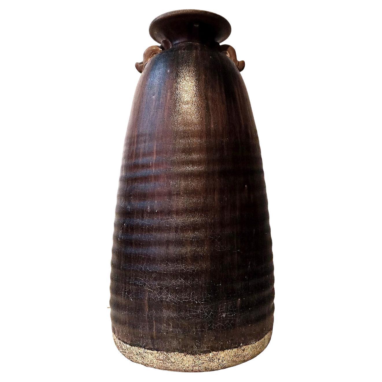 Grand vase thaïlandais en céramique à glaçure marbrée Brown, avec anses Looping