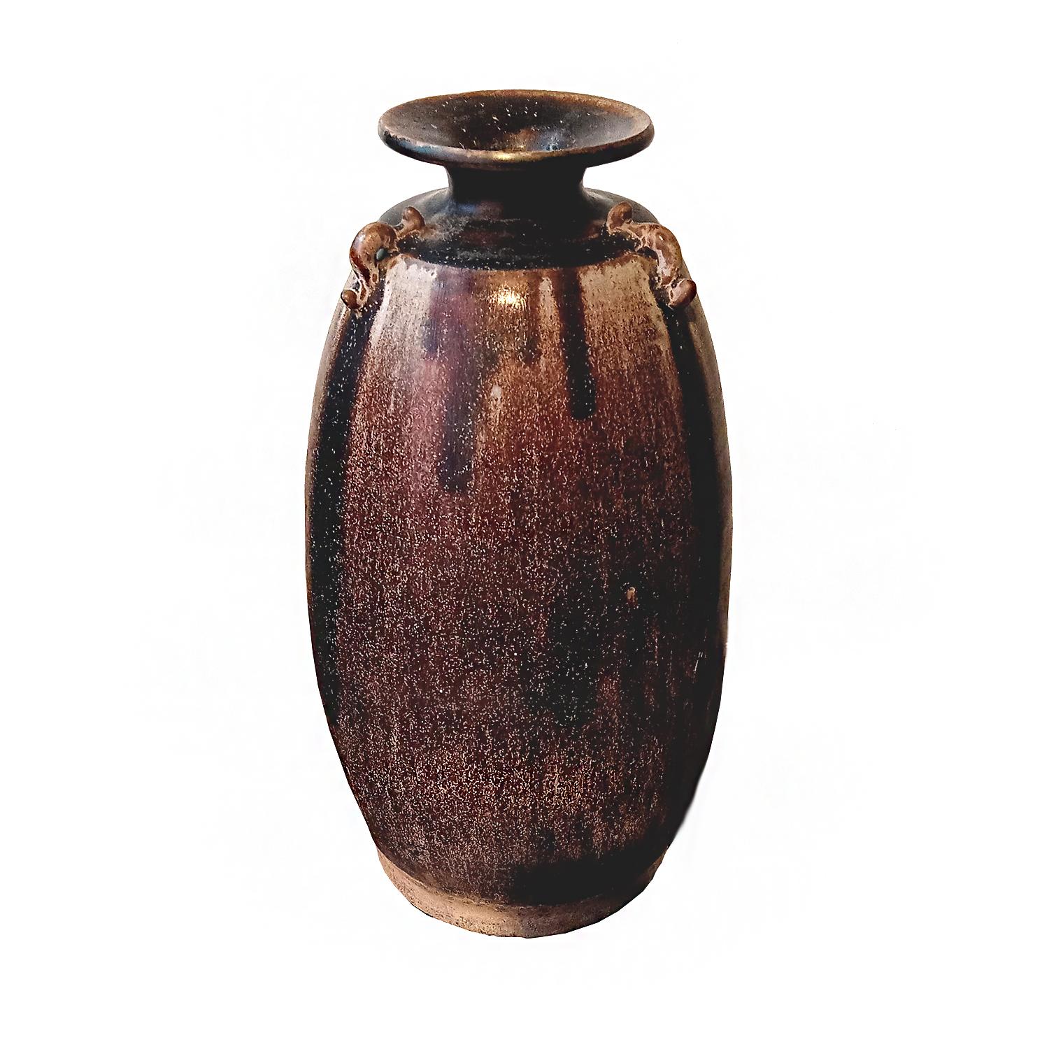 Arts and Crafts Tall Ceramic Thai Vase in Brown Mottled Glaze, with Looped Handles For Sale