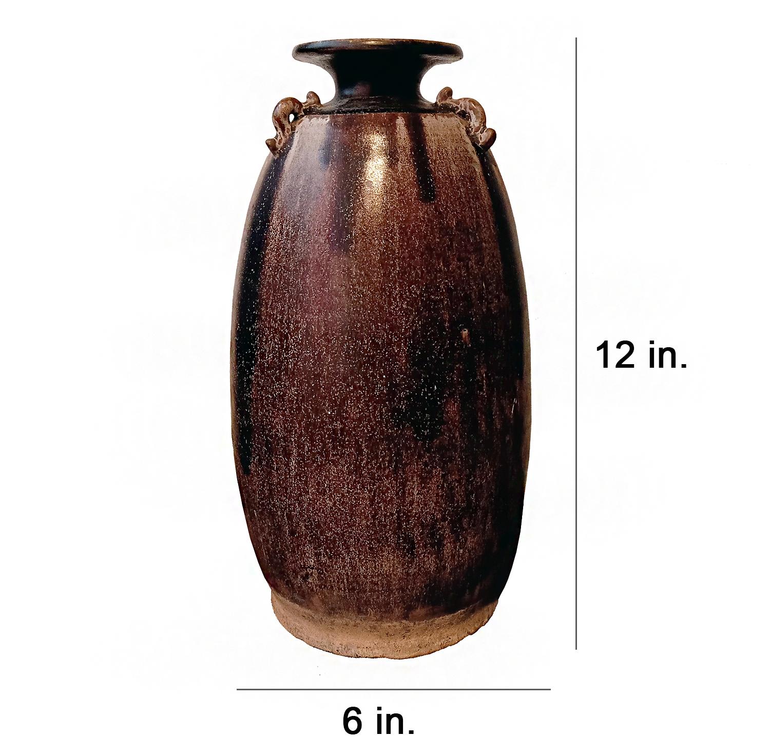 Ceramica Vaso alto in ceramica tailandese con smalto screziato marrone, con manici ad anello in vendita