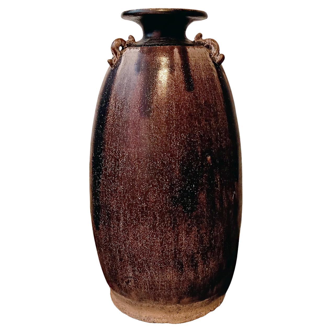 Tall Ceramic Thai Vase in Brown Mottled Glaze, with Looped Handles For Sale