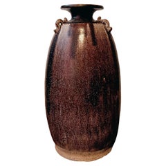 Grand vase thaïlandais en céramique à glaçure marbrée Brown, avec anses Looping