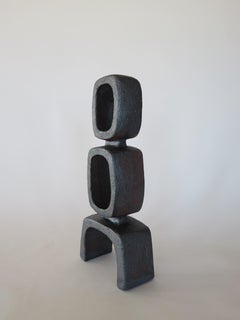 Tall Ceramic TOTEM, Stacked Rectangular Rings on Legs, Hand Built, Metallic Gray
