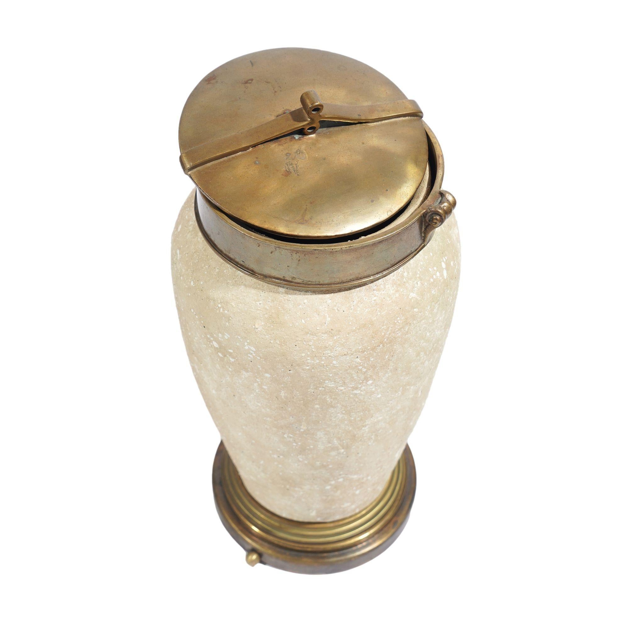 Tall ceramic urn with oxidized brass lid and base, c. 1900's For Sale 5