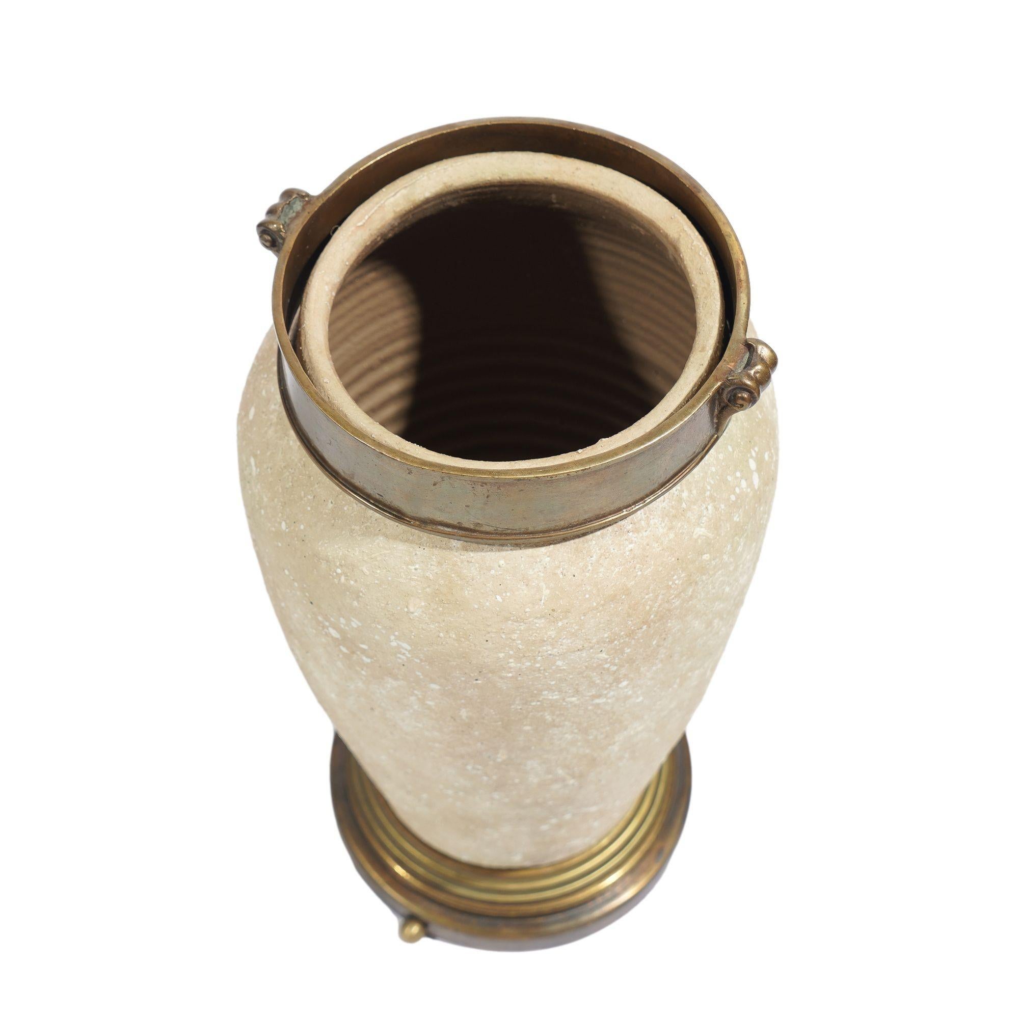 Tall ceramic urn with oxidized brass lid and base, c. 1900's For Sale 6