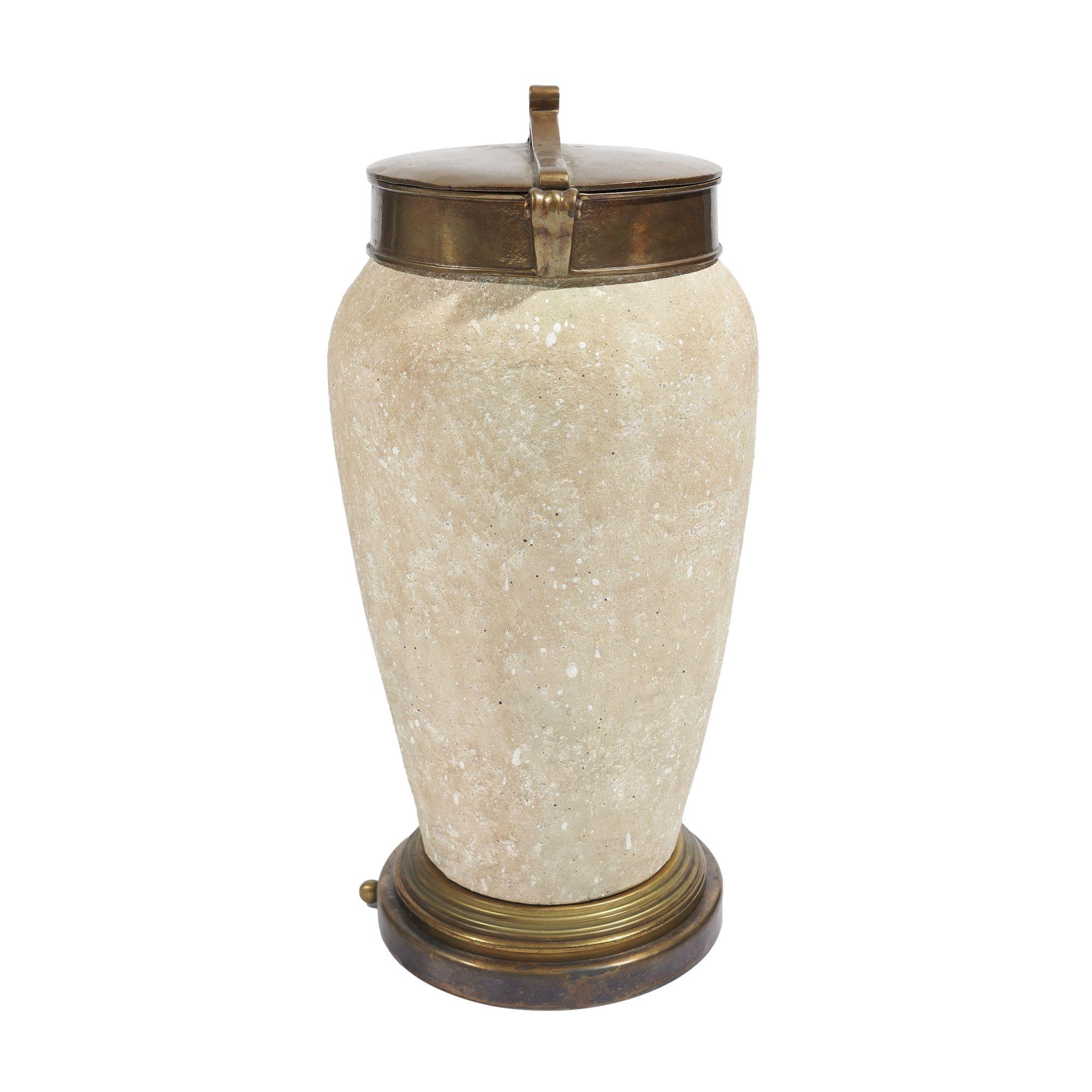 Tall ceramic urn with oxidized brass lid and base, c. 1900's In Good Condition For Sale In Kenilworth, IL
