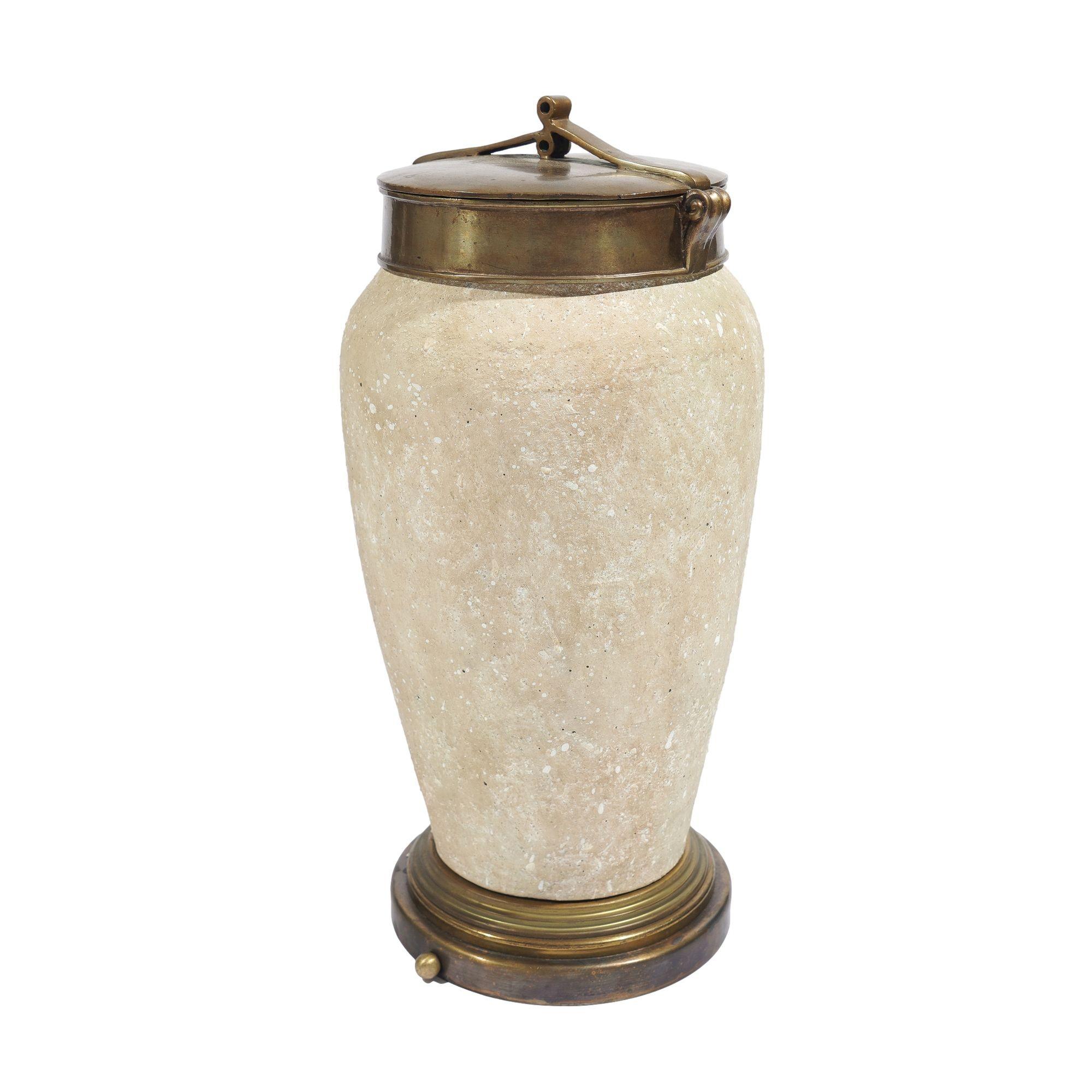 20th Century Tall ceramic urn with oxidized brass lid and base, c. 1900's For Sale