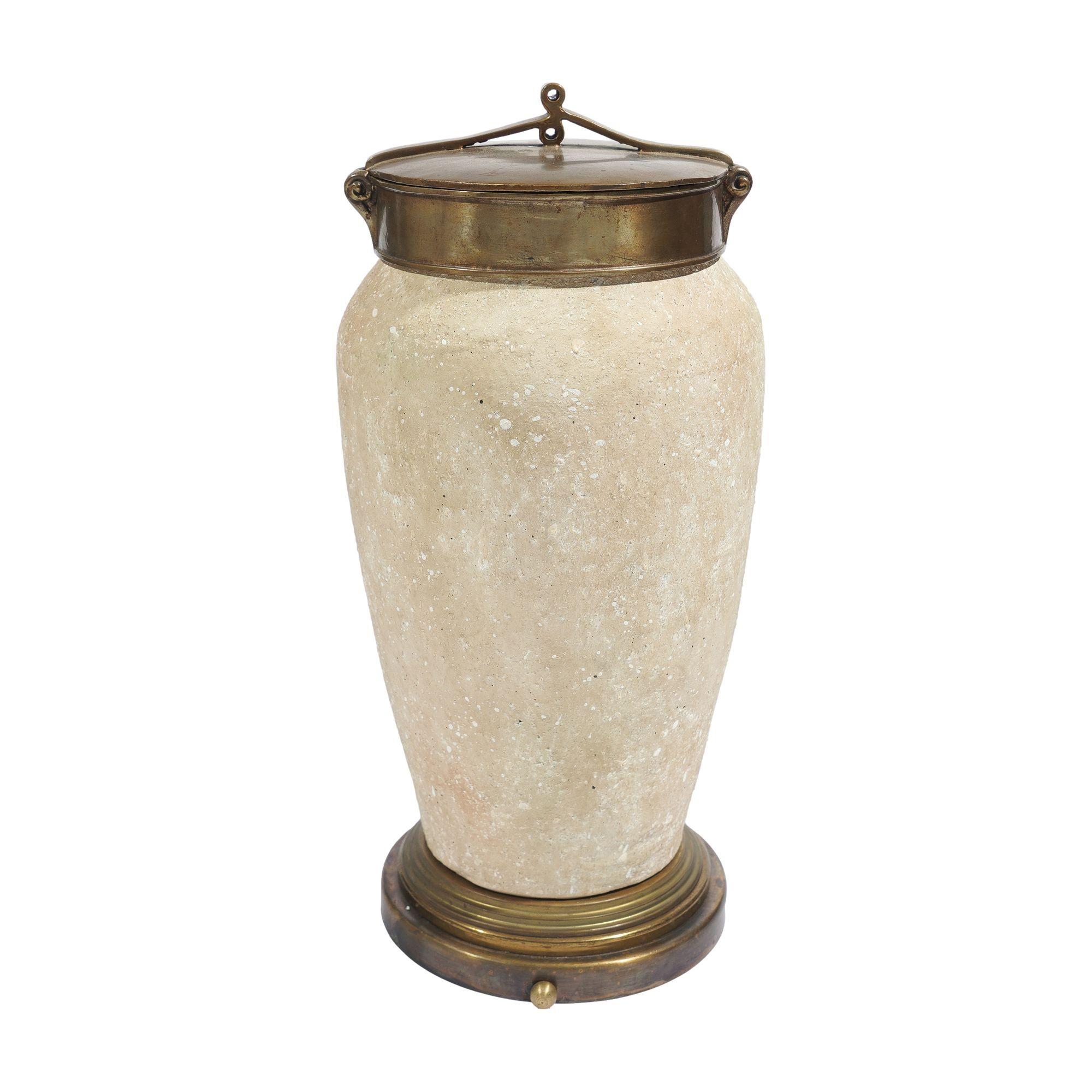 Brass Tall ceramic urn with oxidized brass lid and base, c. 1900's For Sale