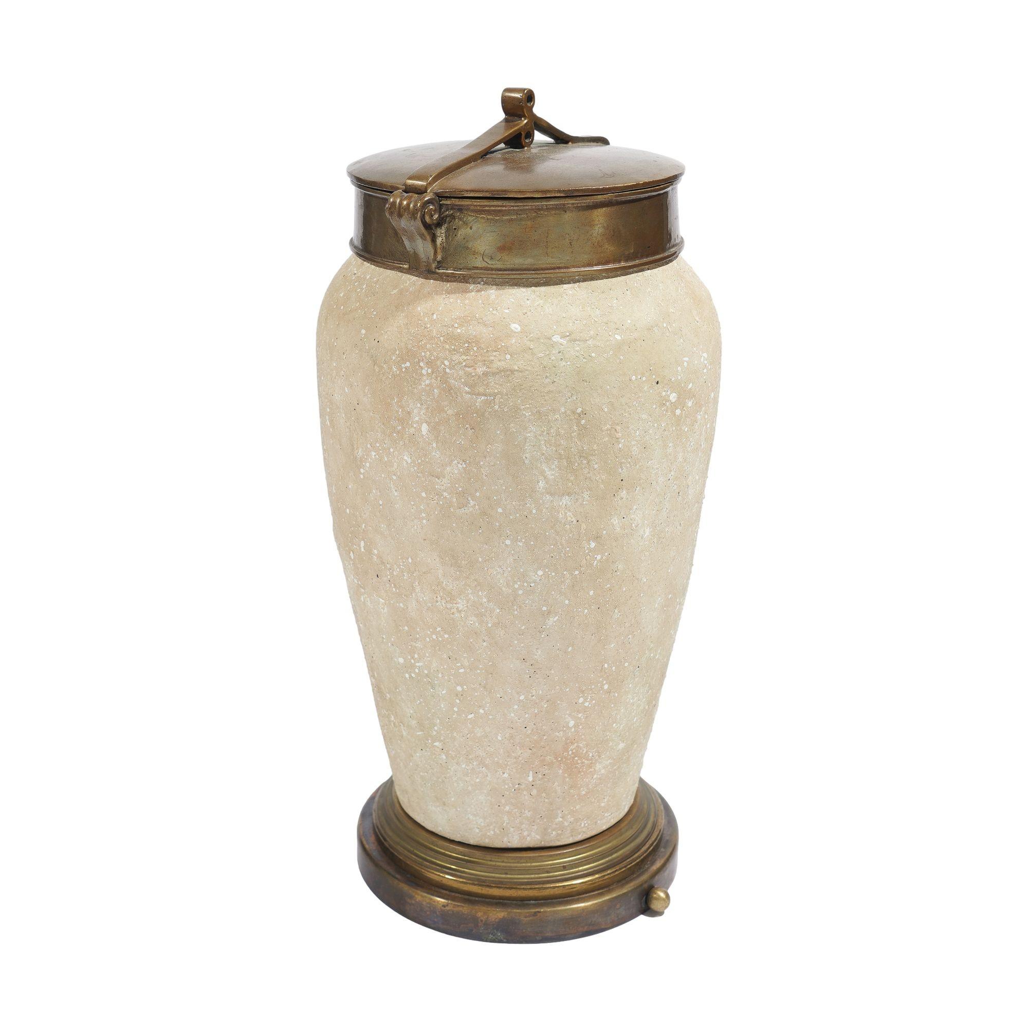 Tall ceramic urn with oxidized brass lid and base, c. 1900's For Sale 1