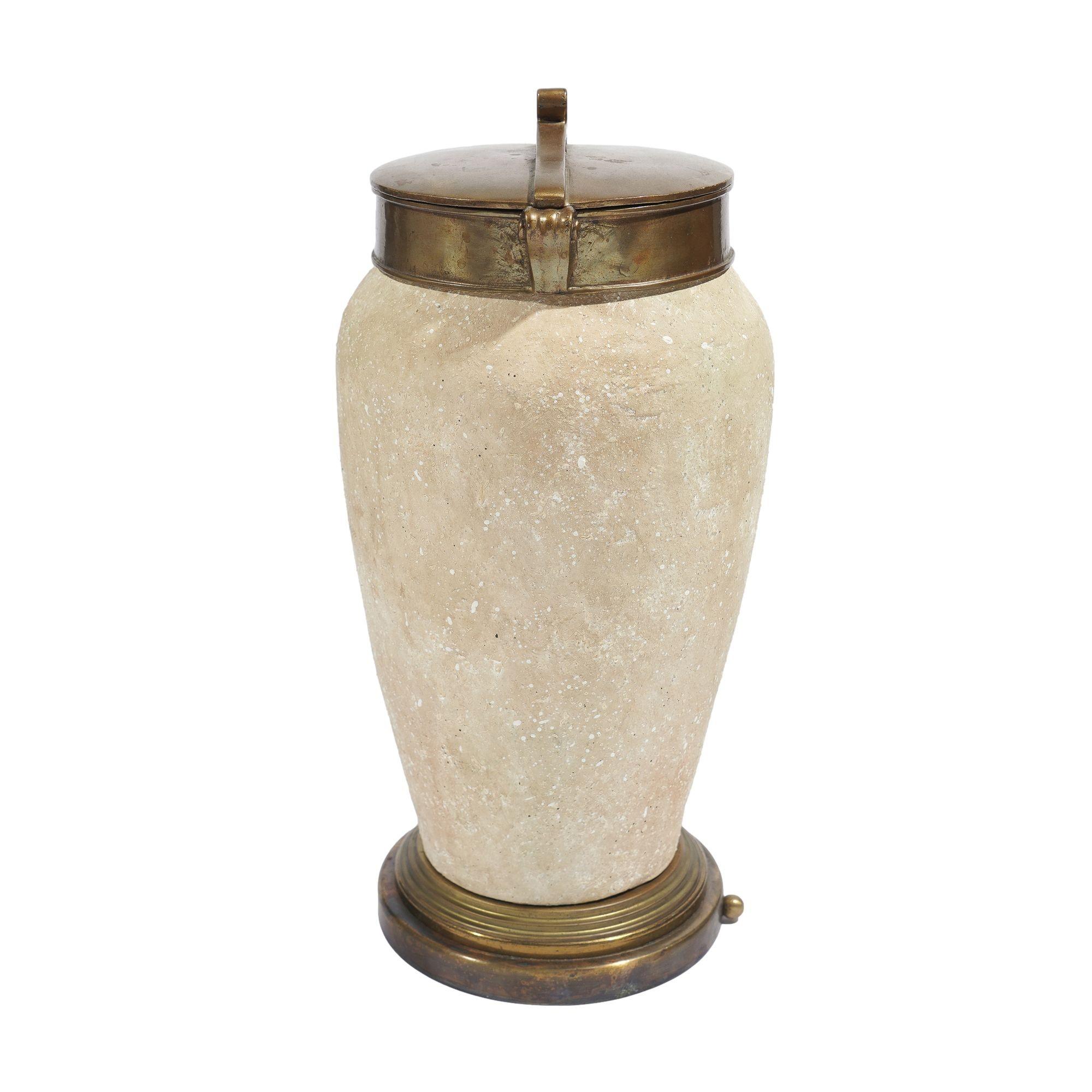 Tall ceramic urn with oxidized brass lid and base, c. 1900's For Sale 2