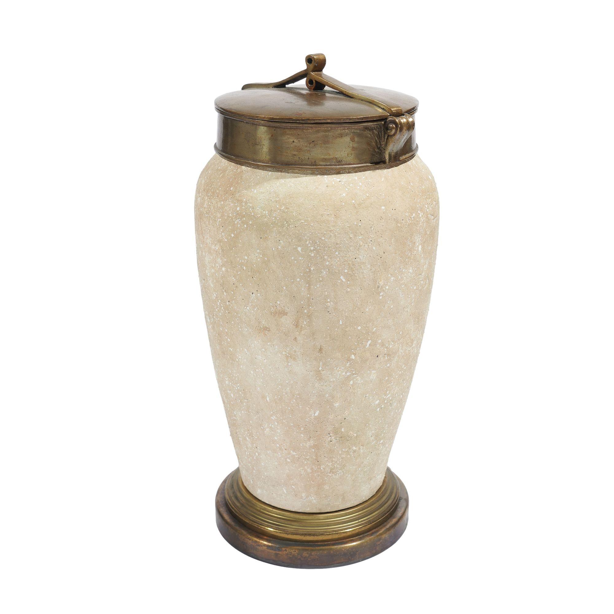 Tall ceramic urn with oxidized brass lid and base, c. 1900's For Sale 3