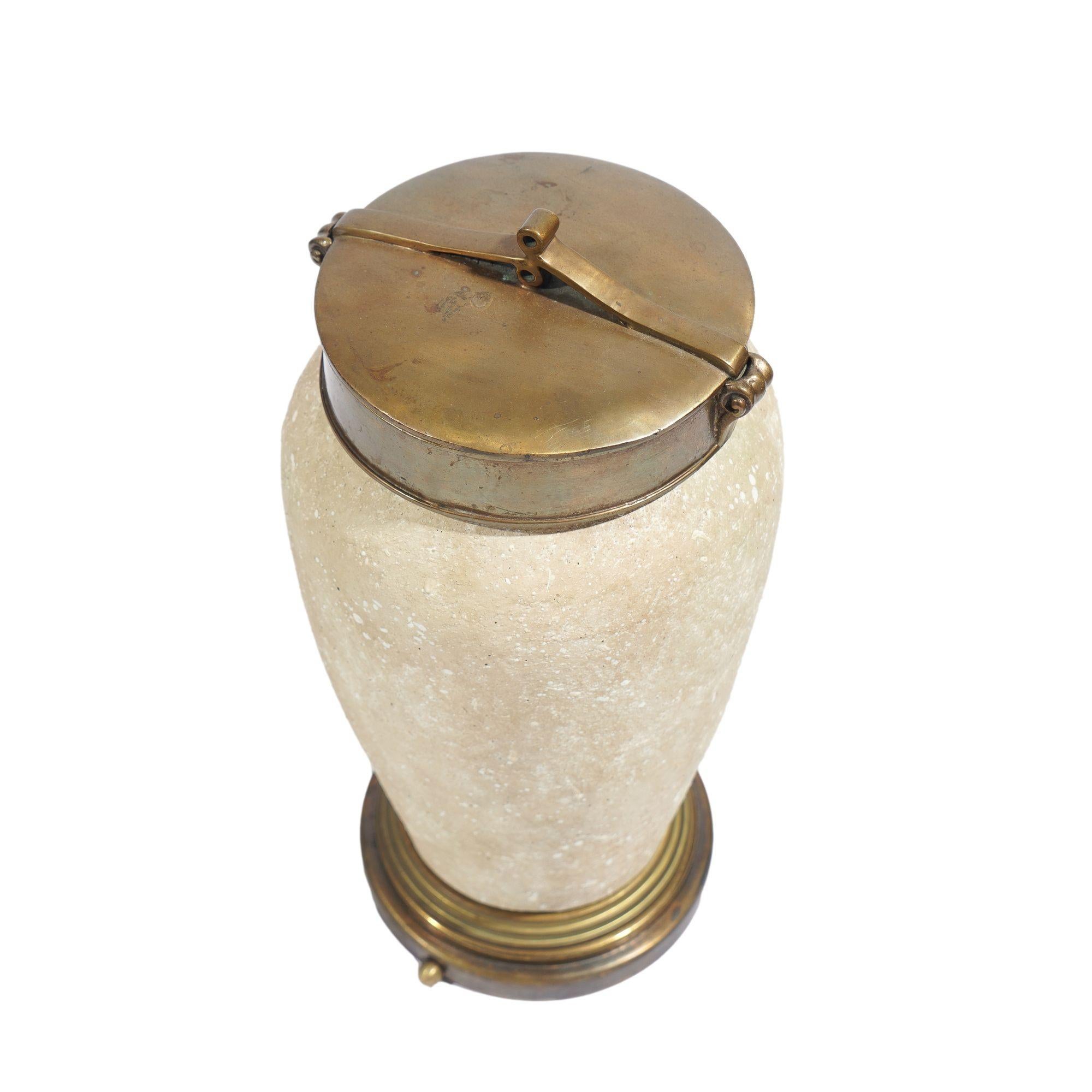 Tall ceramic urn with oxidized brass lid and base, c. 1900's For Sale 4