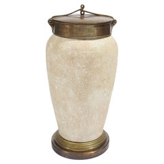 Große Kerami Urne aus Keramik mit Deckel und Sockel aus oxidiertem Messing, um 1900