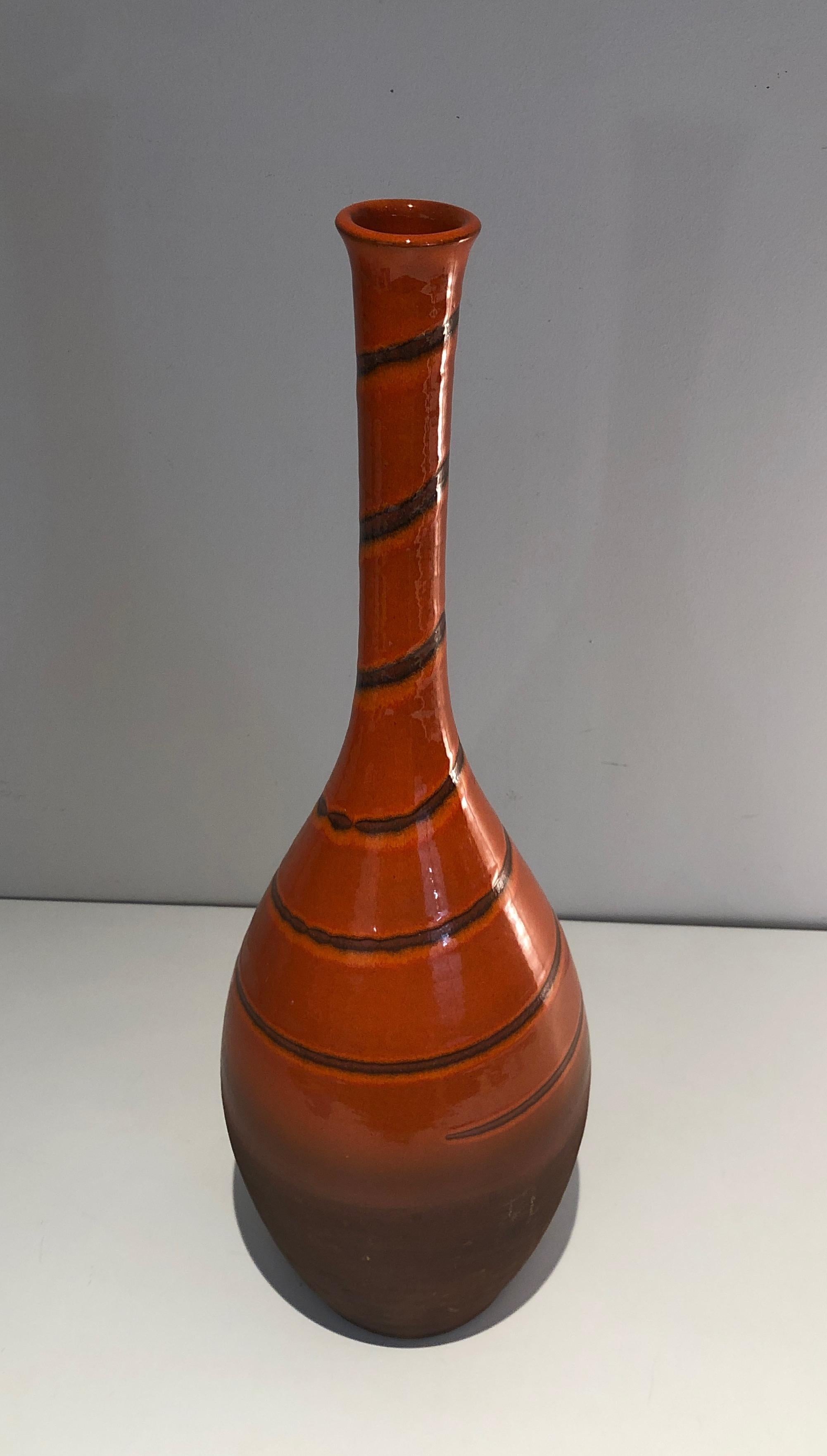 Mid-Century Modern Tall Ceramic Vase in the Red-Orange Tones, French Work, Circa 1950 For Sale