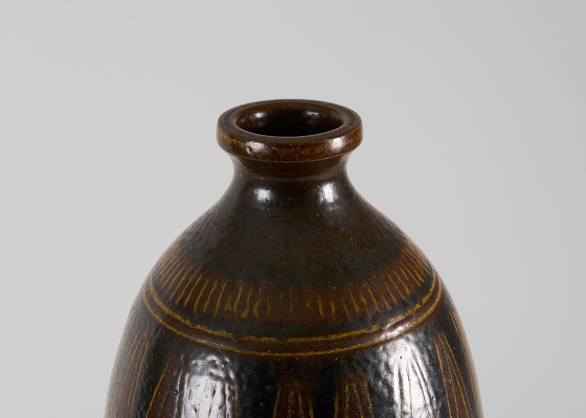 Mid-Century Modern Tall Ceramic Vase with Brown & Black Glaze, Wallåkra, Sweden, 1960s