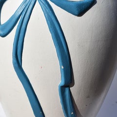Tall Ceramic White Urn Planter with Faux Blue Bow and Ribbon, Spain