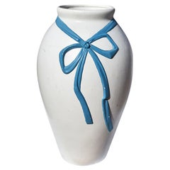 Tall Ceramic White Urn Planter with Faux Blue Bow and Ribbon, Spain