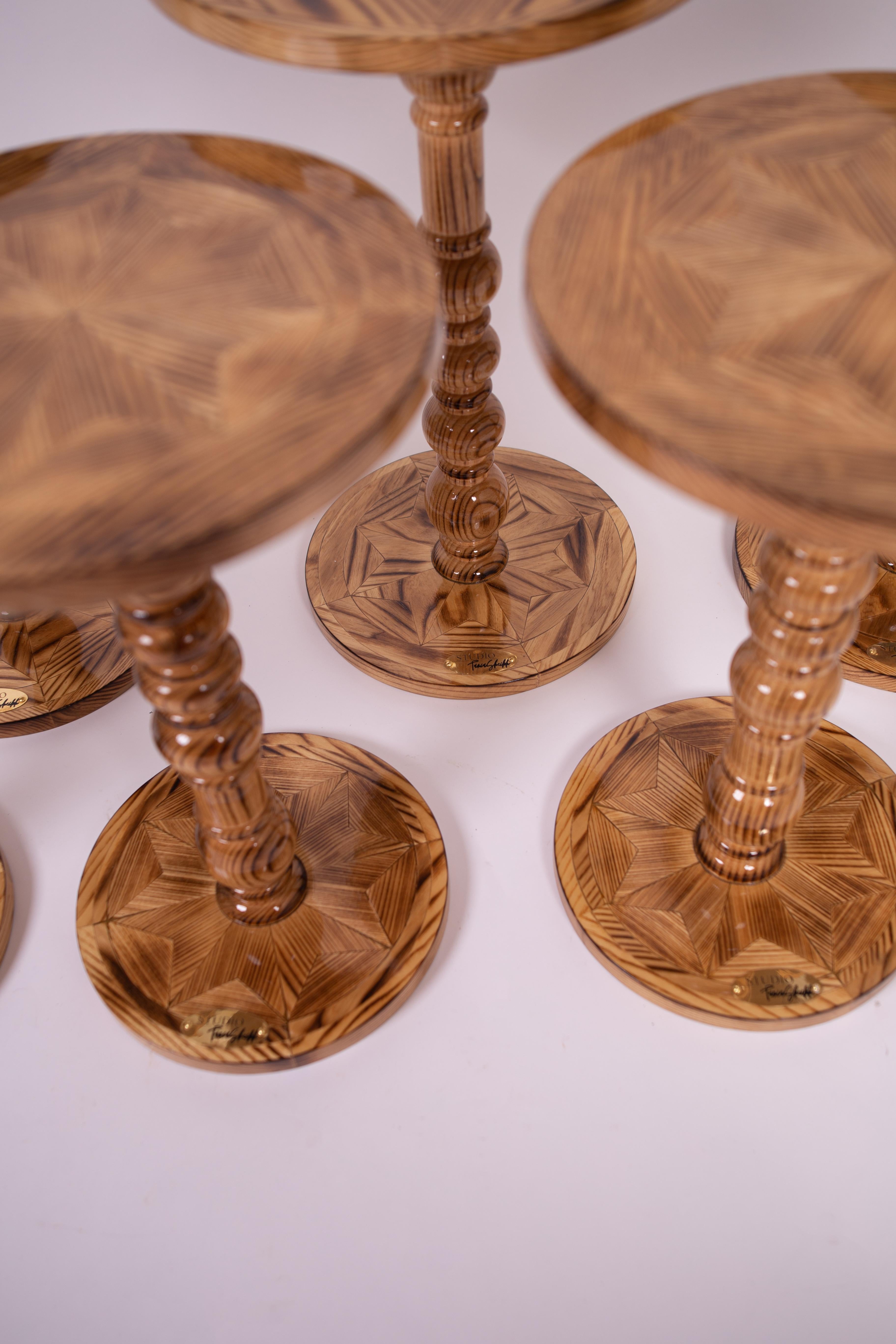 Round Solid Wood Side Table - Handcrafted Marquetry Inlay - Charred Finish For Sale 3