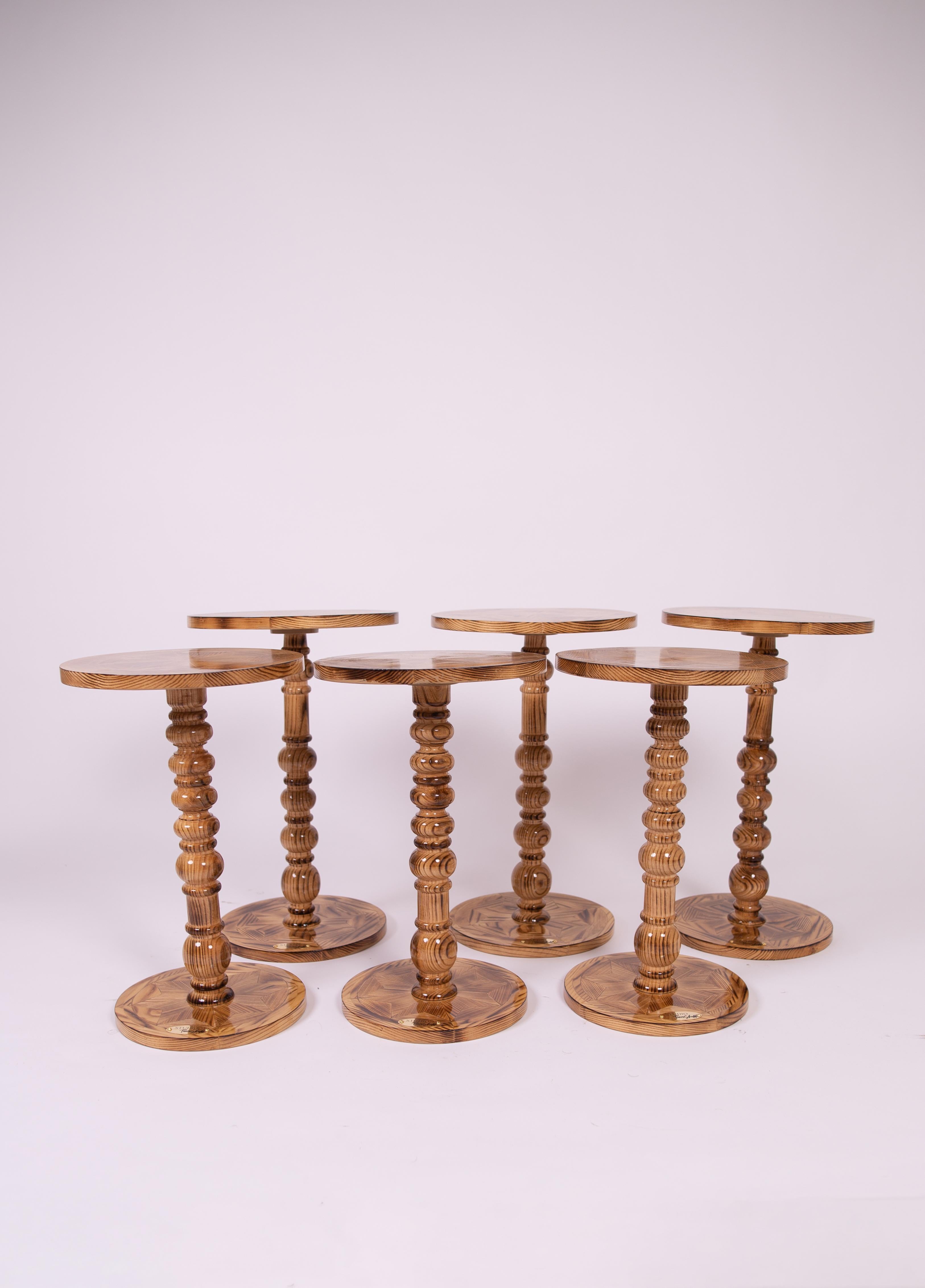 Round Solid Wood Side Table - Handcrafted Marquetry Inlay - Charred Finish For Sale 4