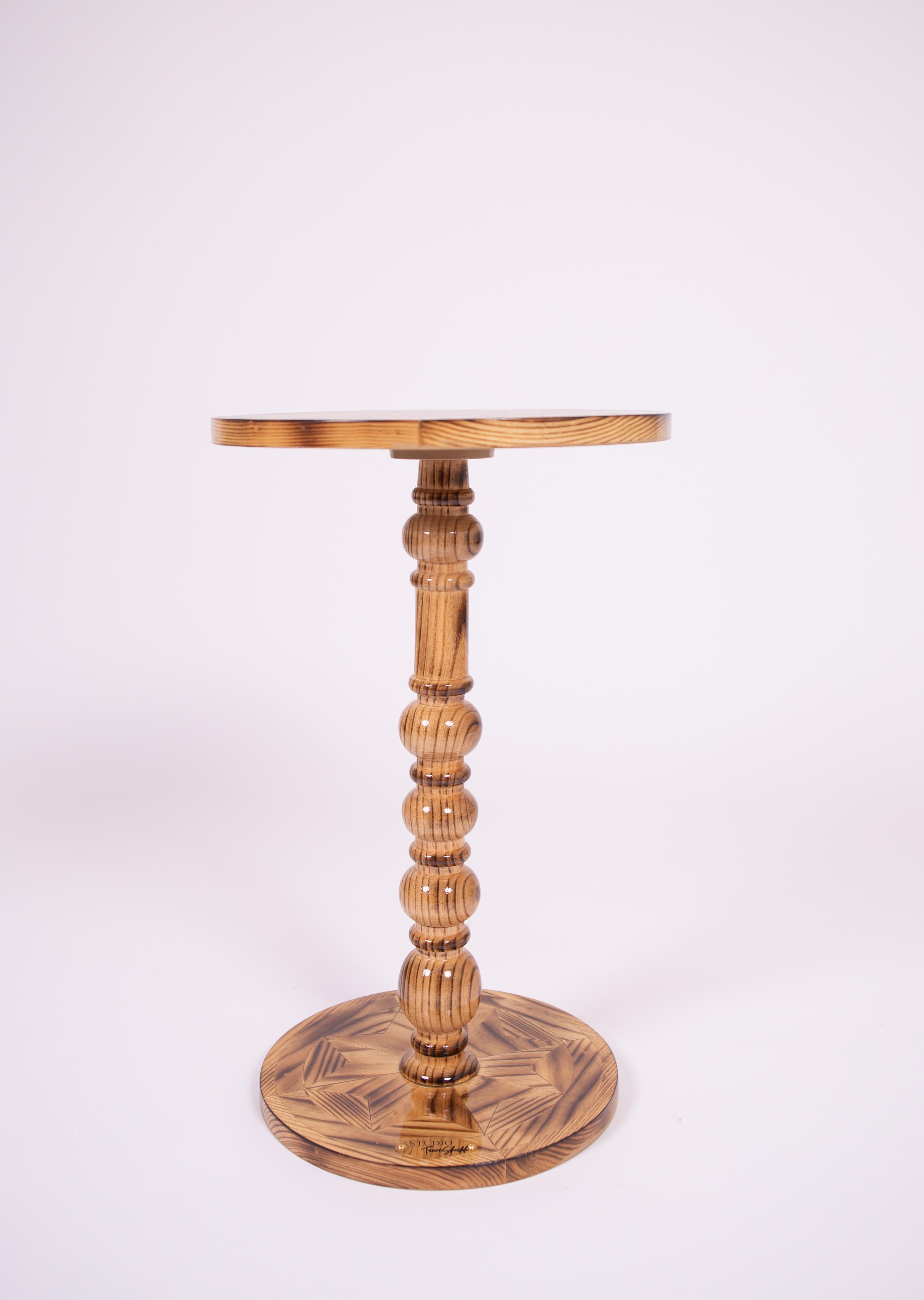 
Solid Wood Handcrafted Side Table: Enhance your interior with this artisan solid wood side table, featuring carefully arranged seasoned wood pieces in a striking marquetry pattern. Built with the durability of butcher block construction, this