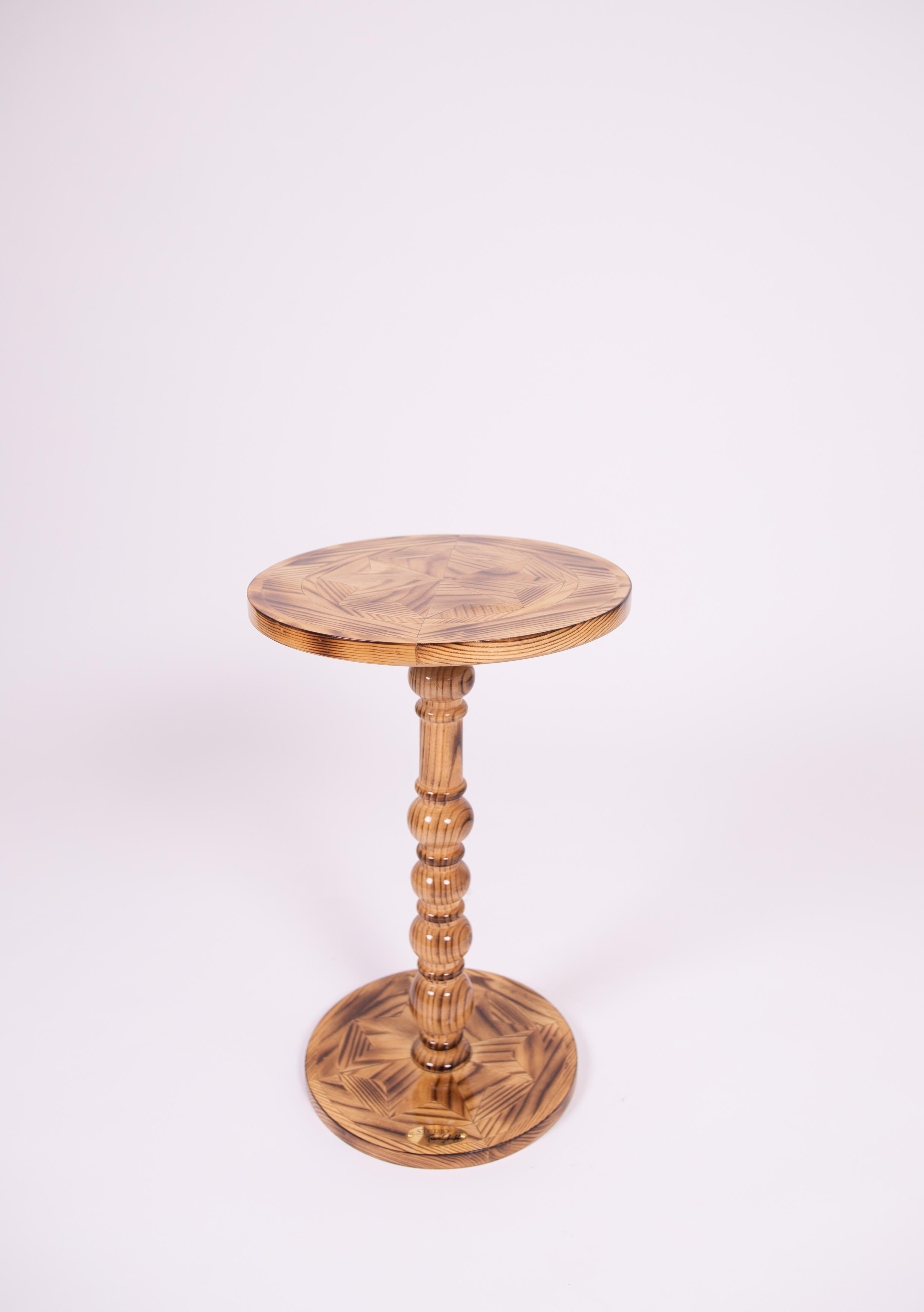Asian Round Solid Wood Side Table - Handcrafted Marquetry Inlay - Charred Finish For Sale