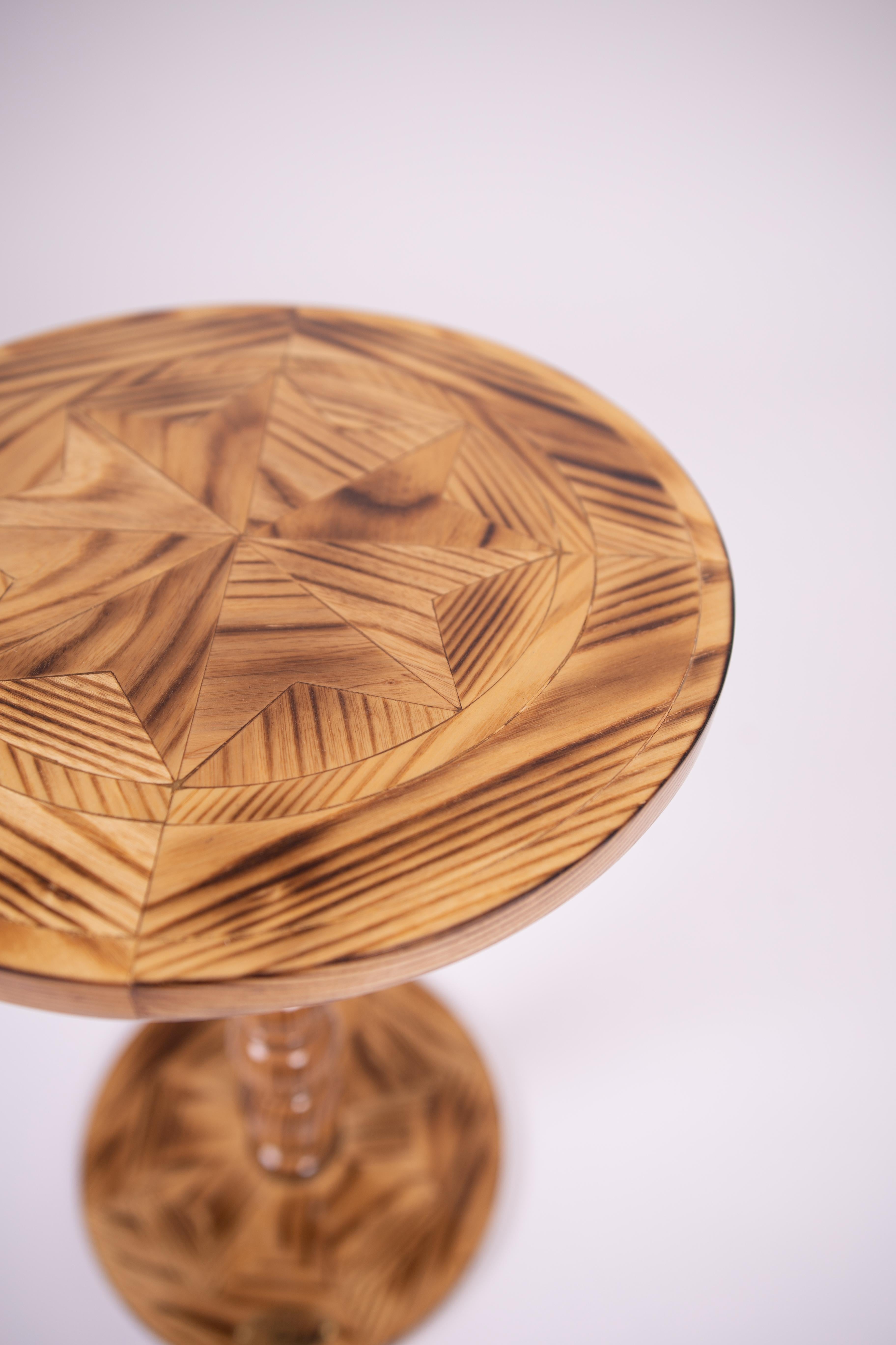 Hand-Crafted Round Solid Wood Side Table - Handcrafted Marquetry Inlay - Charred Finish For Sale
