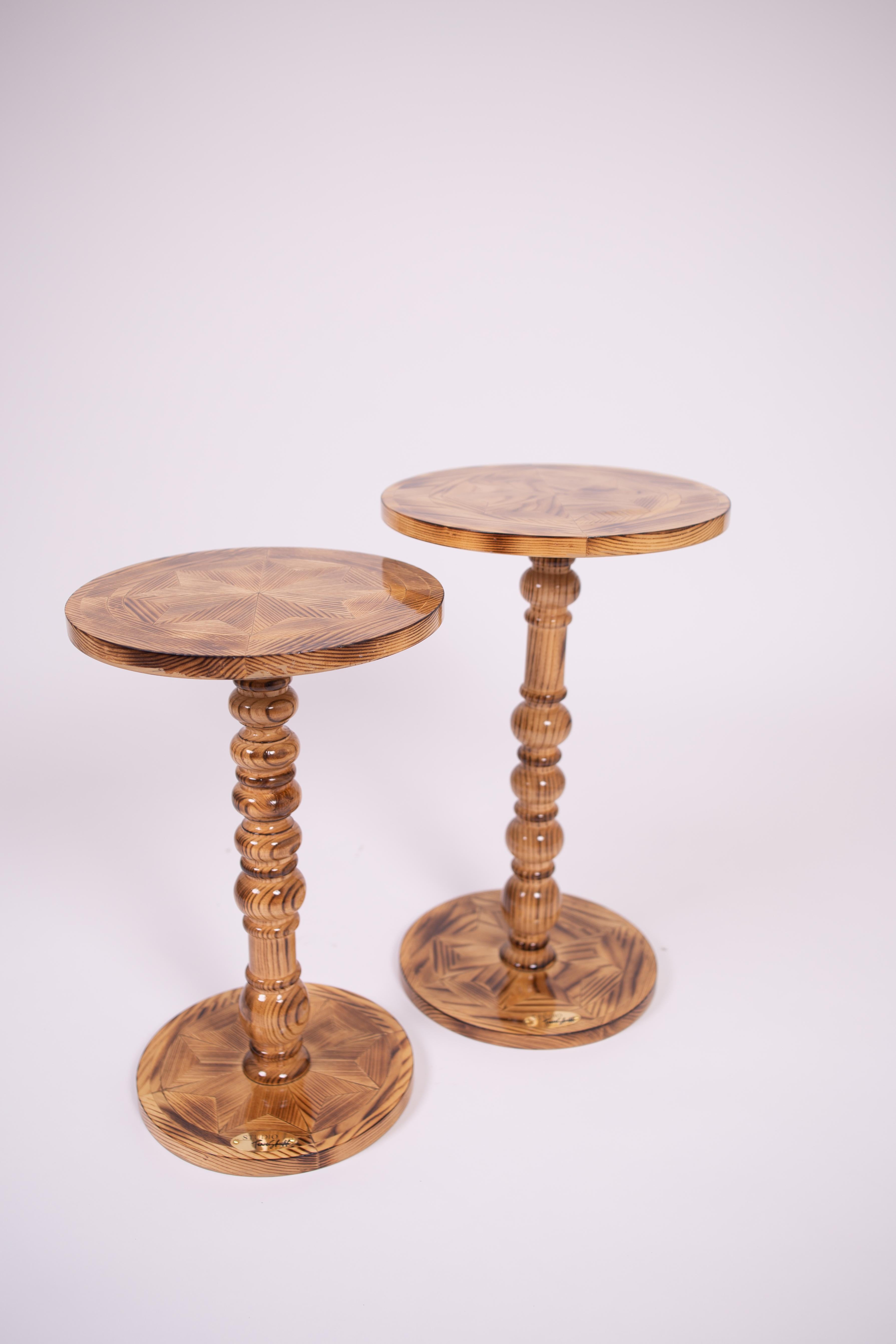 Brass Round Solid Wood Side Table - Handcrafted Marquetry Inlay - Charred Finish For Sale