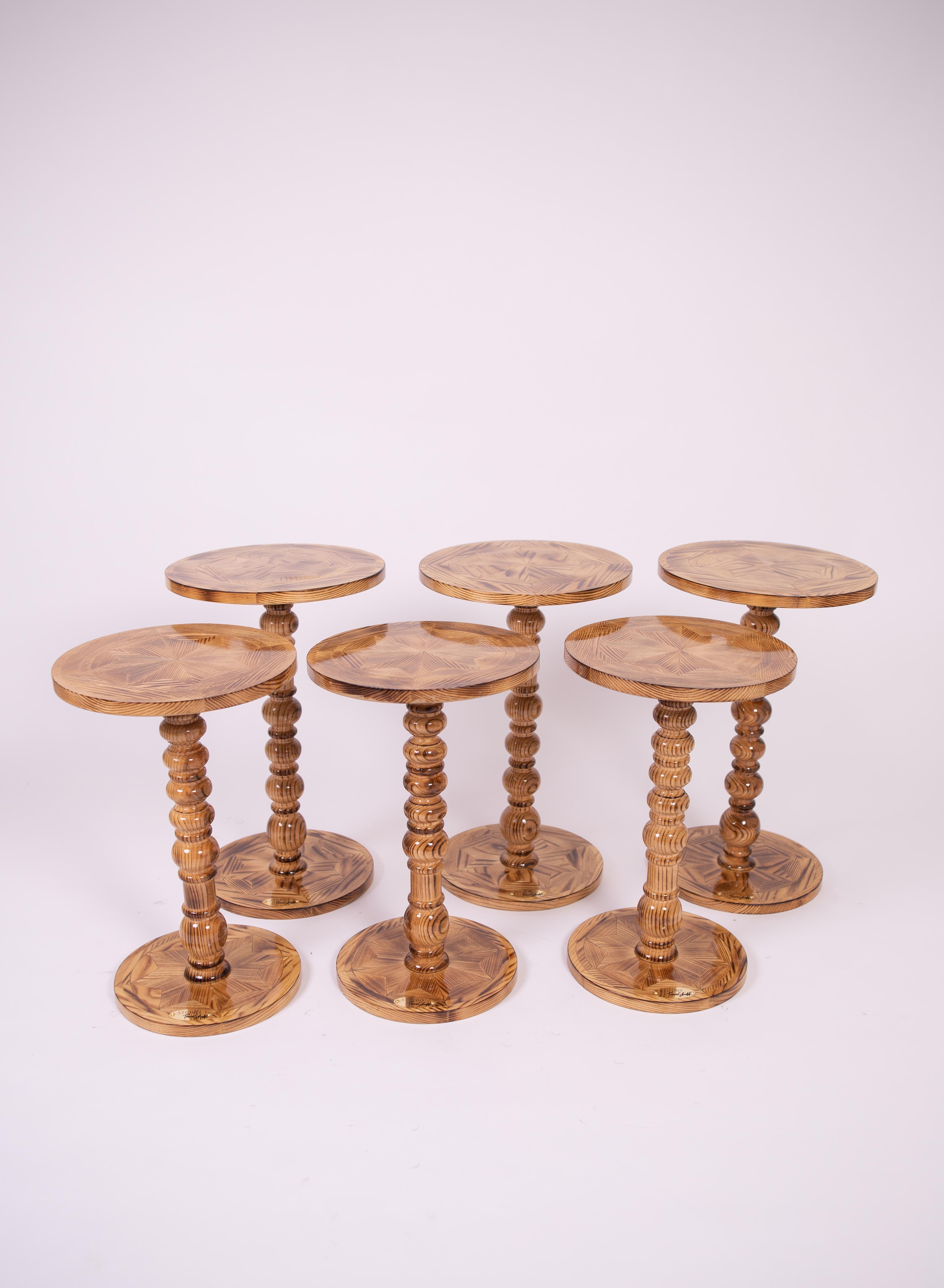 Round Solid Wood Side Table - Handcrafted Marquetry Inlay - Charred Finish For Sale 1