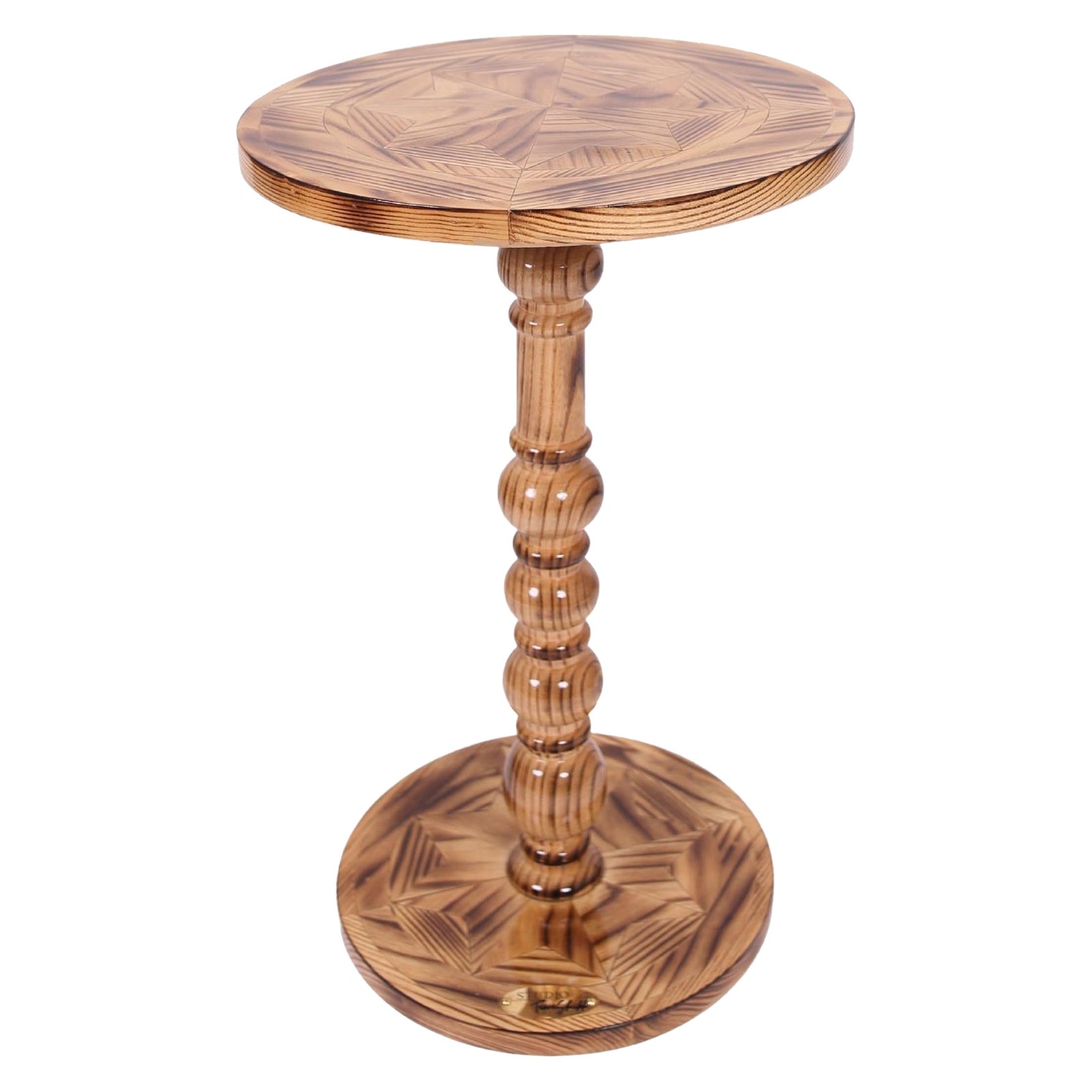 Round Solid Wood Side Table - Handcrafted Marquetry Inlay - Charred Finish