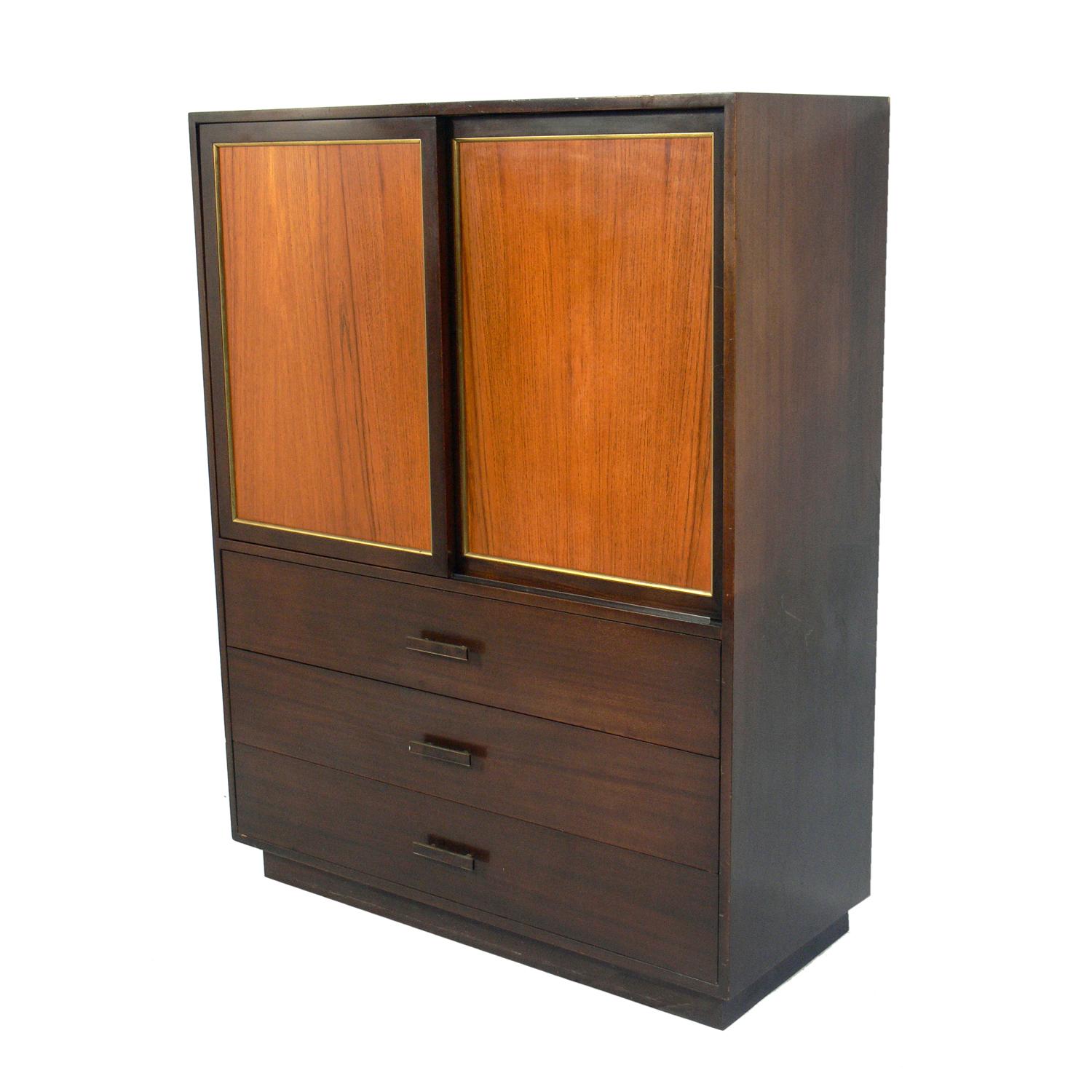 Tall rosewood and mahogany chest of drawers or dresser, designed by Harvey Probber, American, circa 1960s. This piece is currently being refinished and can be completed in your choice of color. The price noted below includes refinishing in your