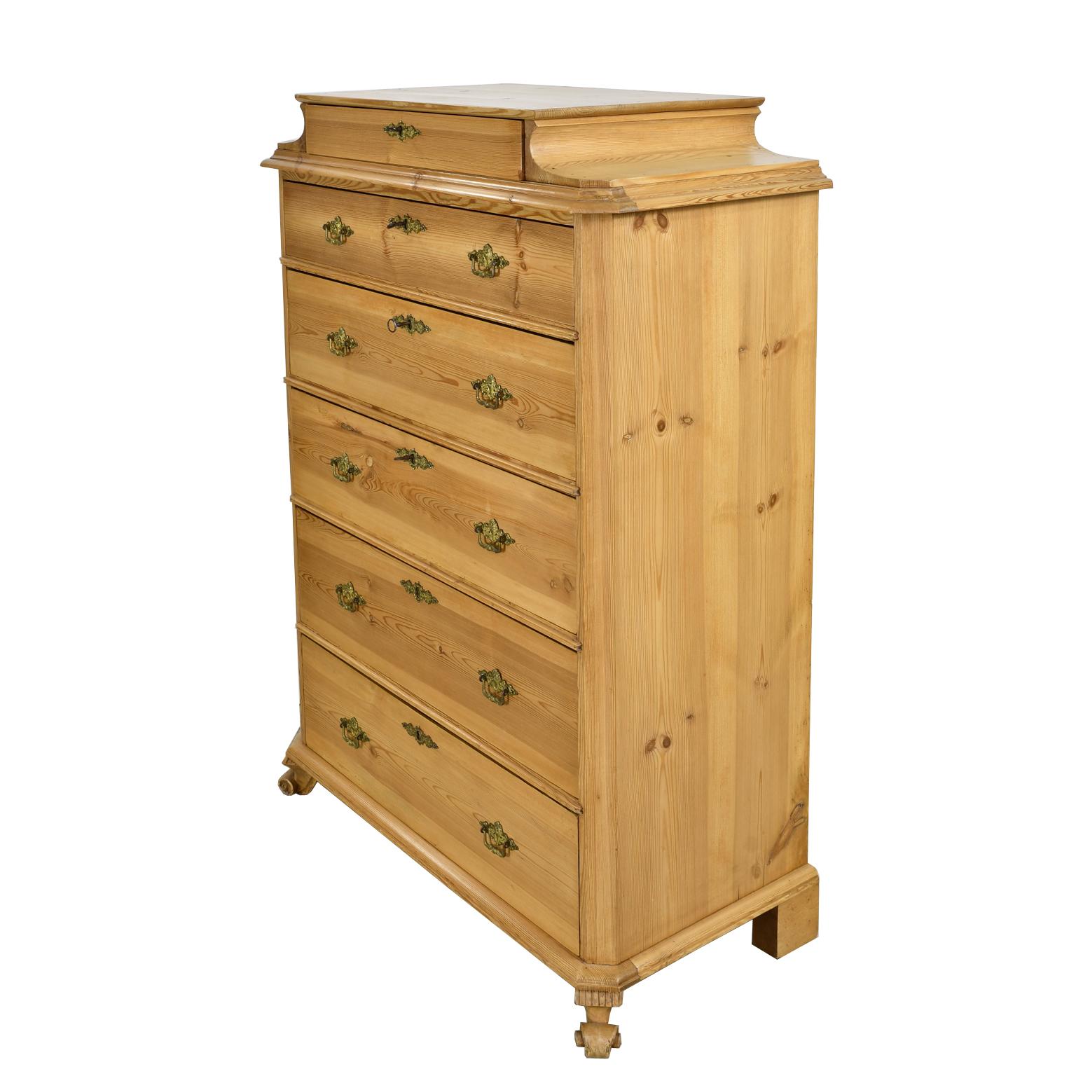 Louis Philippe Tall Chest of Drawers in Pine with 6 Drawers, Denmark, circa 1850