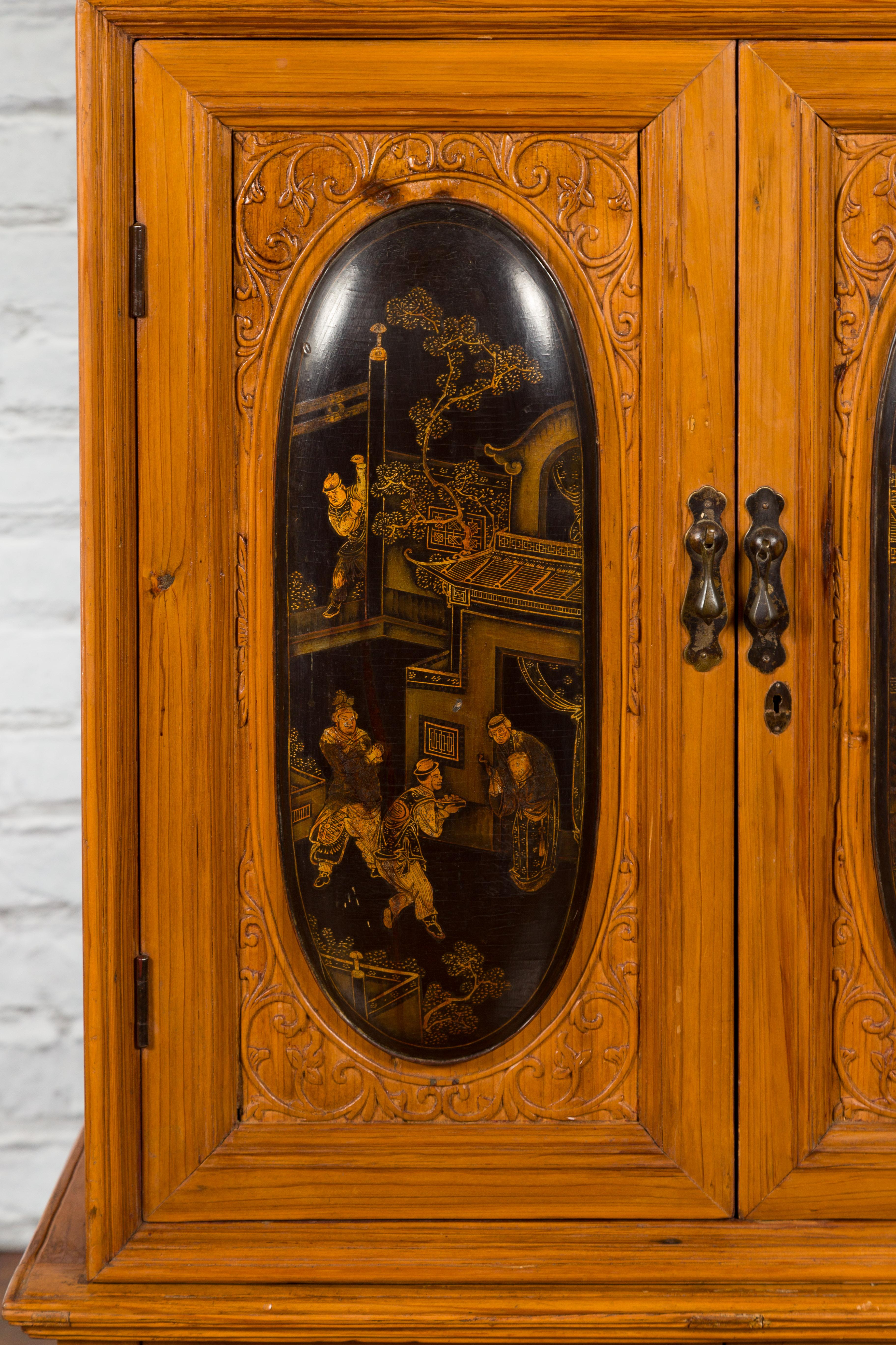 Tall Chinese 19th Century Qing Dynasty Wooden Cabinet with Chinoiserie Panels For Sale 6