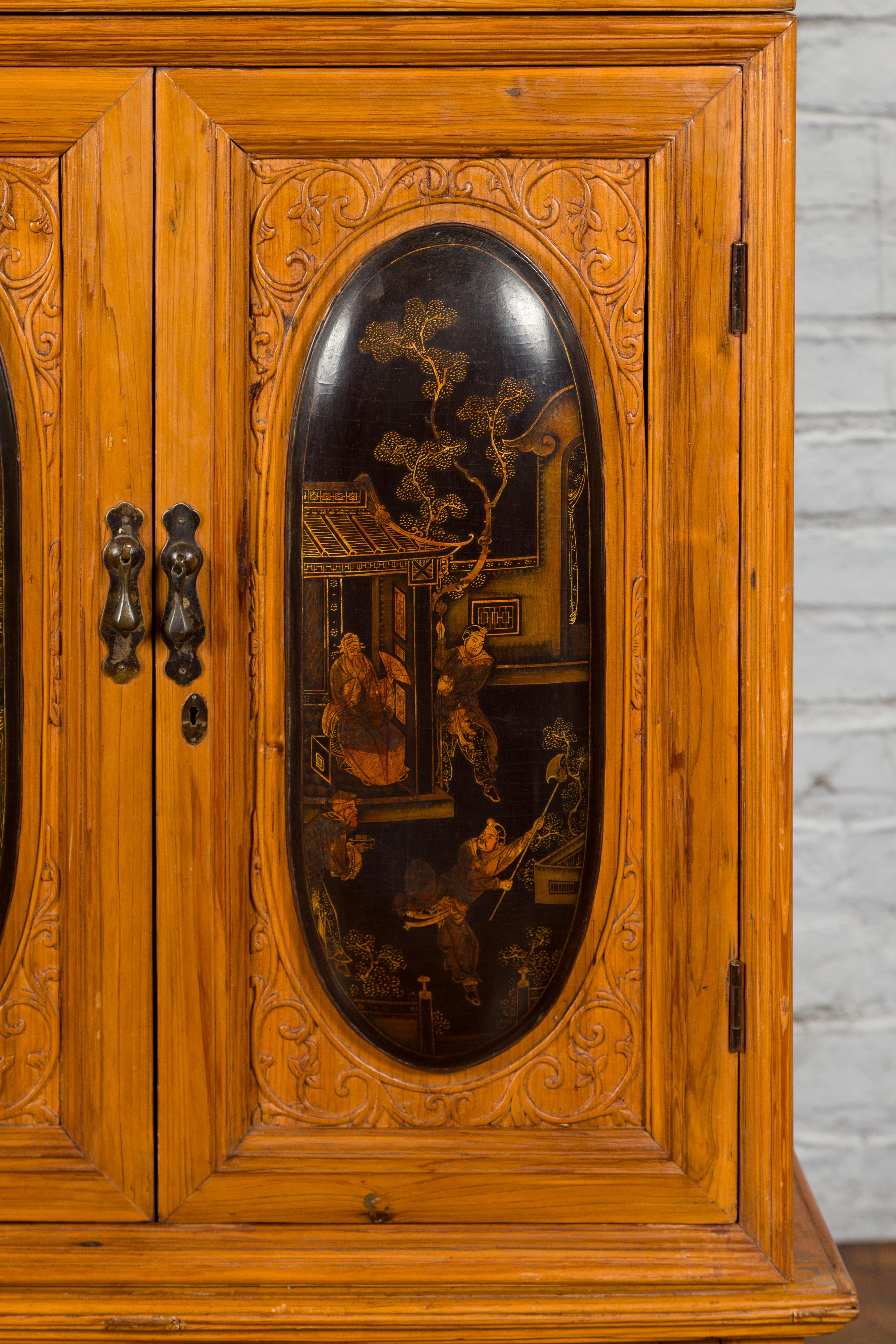 Tall Chinese 19th Century Qing Dynasty Wooden Cabinet with Chinoiserie Panels For Sale 7