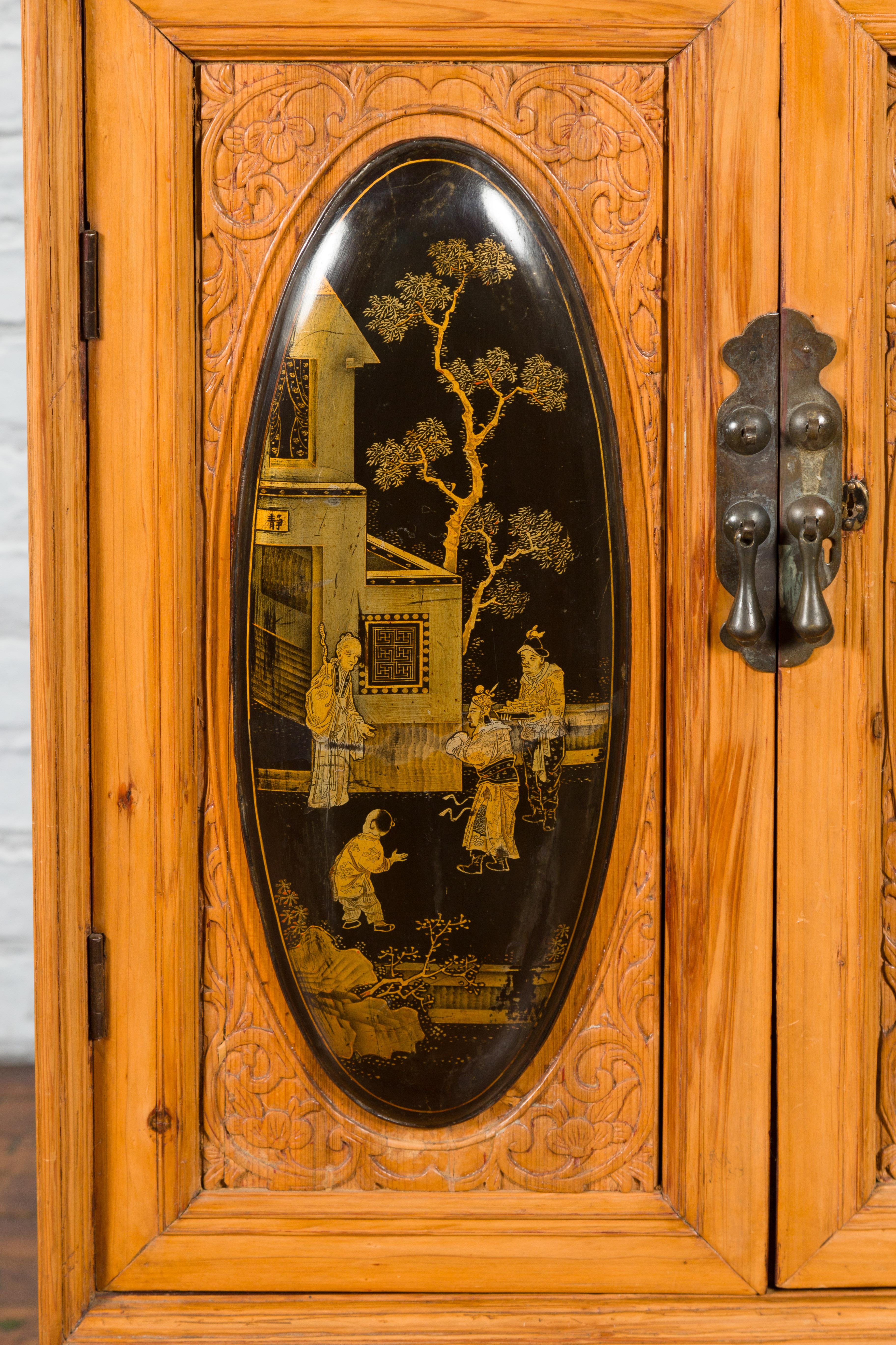 Tall Chinese Qing Dynasty Style Wooden Cabinet with Chinoiserie Panels For Sale 3