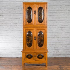 Tall Wood Cabinet with Chinoiserie Lacquer Panels and Carved Foliage Details