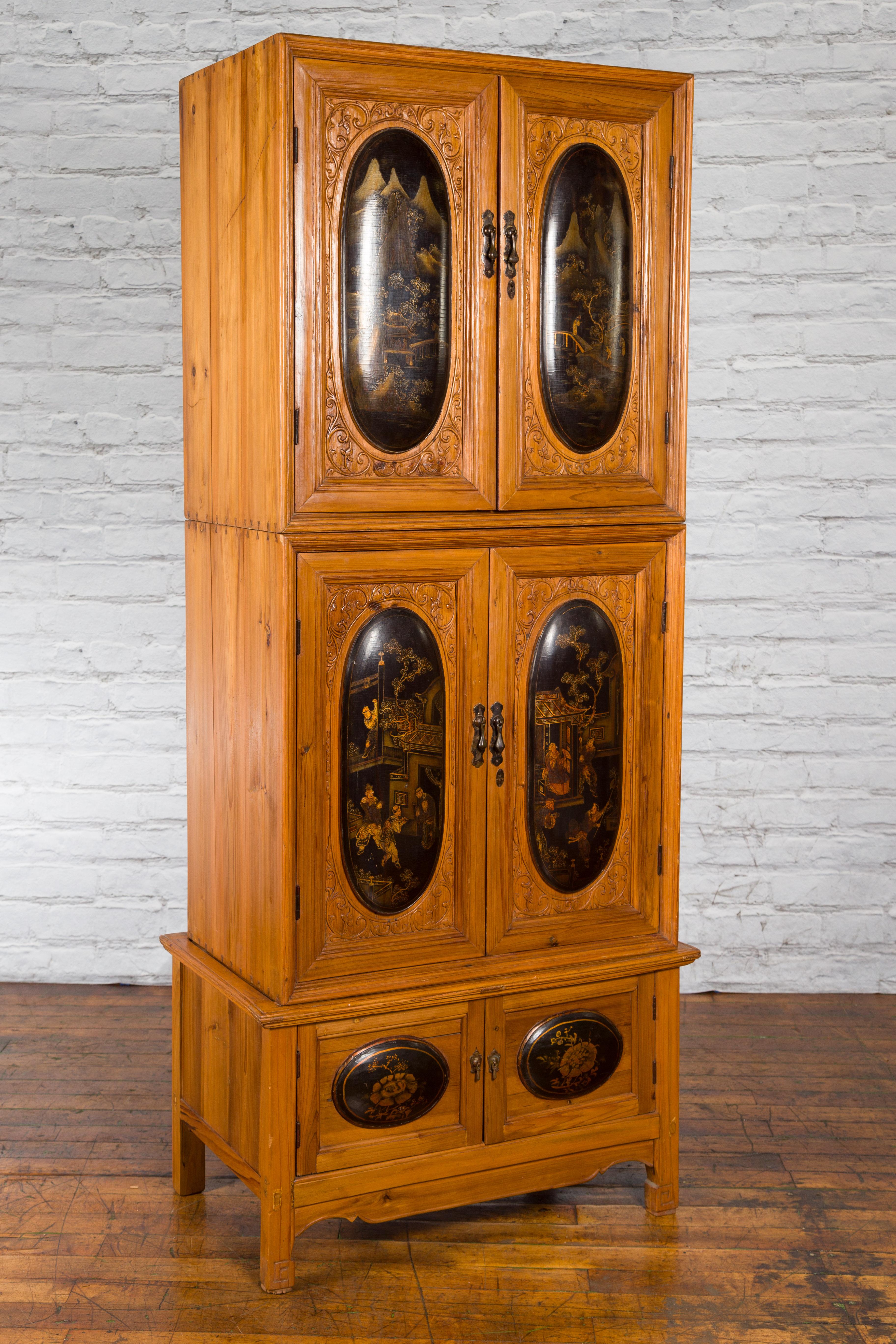 Tall Chinese 19th Century Qing Dynasty Wooden Cabinet with Chinoiserie Panels In Good Condition For Sale In Yonkers, NY