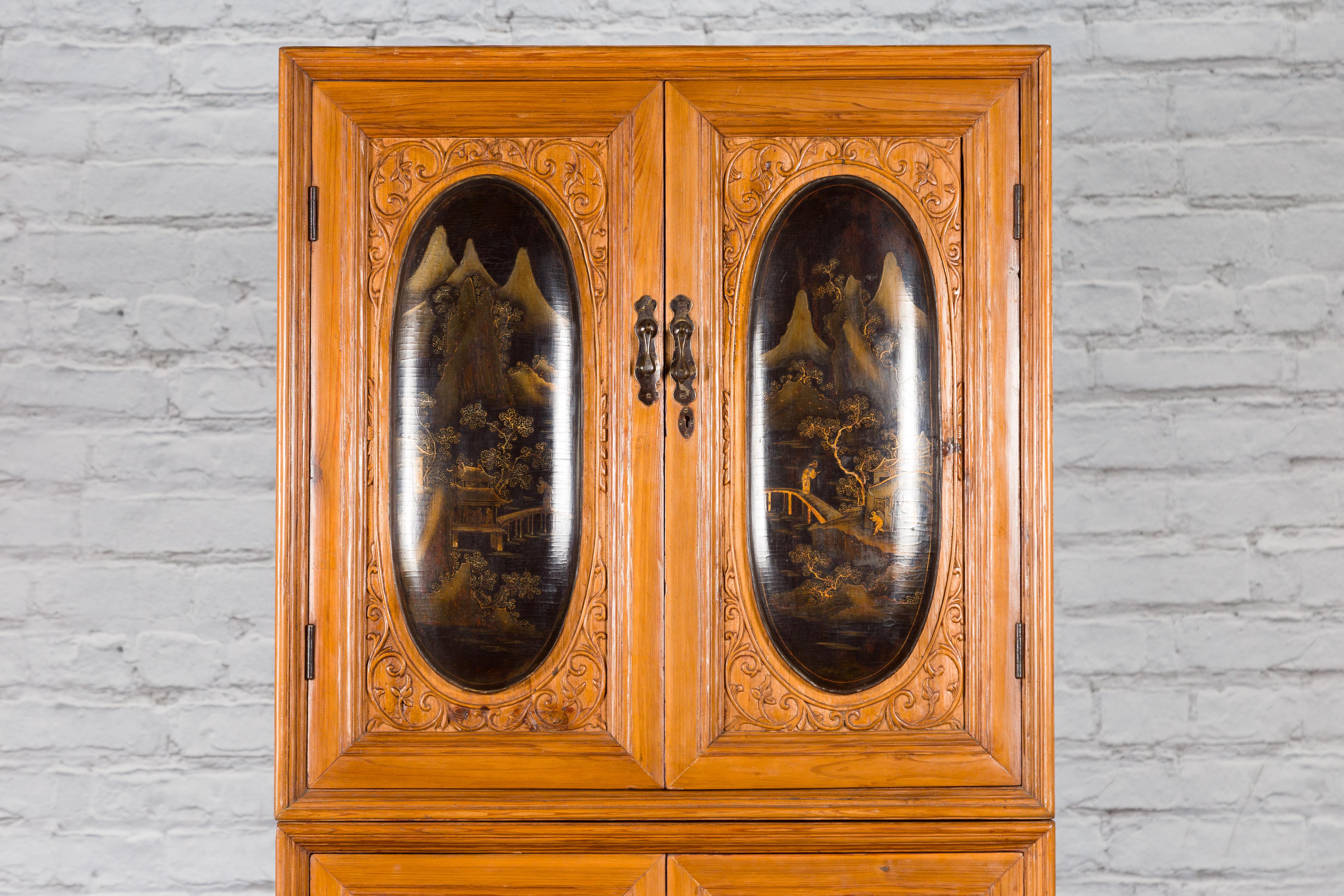 Tall Chinese 19th Century Qing Dynasty Wooden Cabinet with Chinoiserie Panels For Sale 1