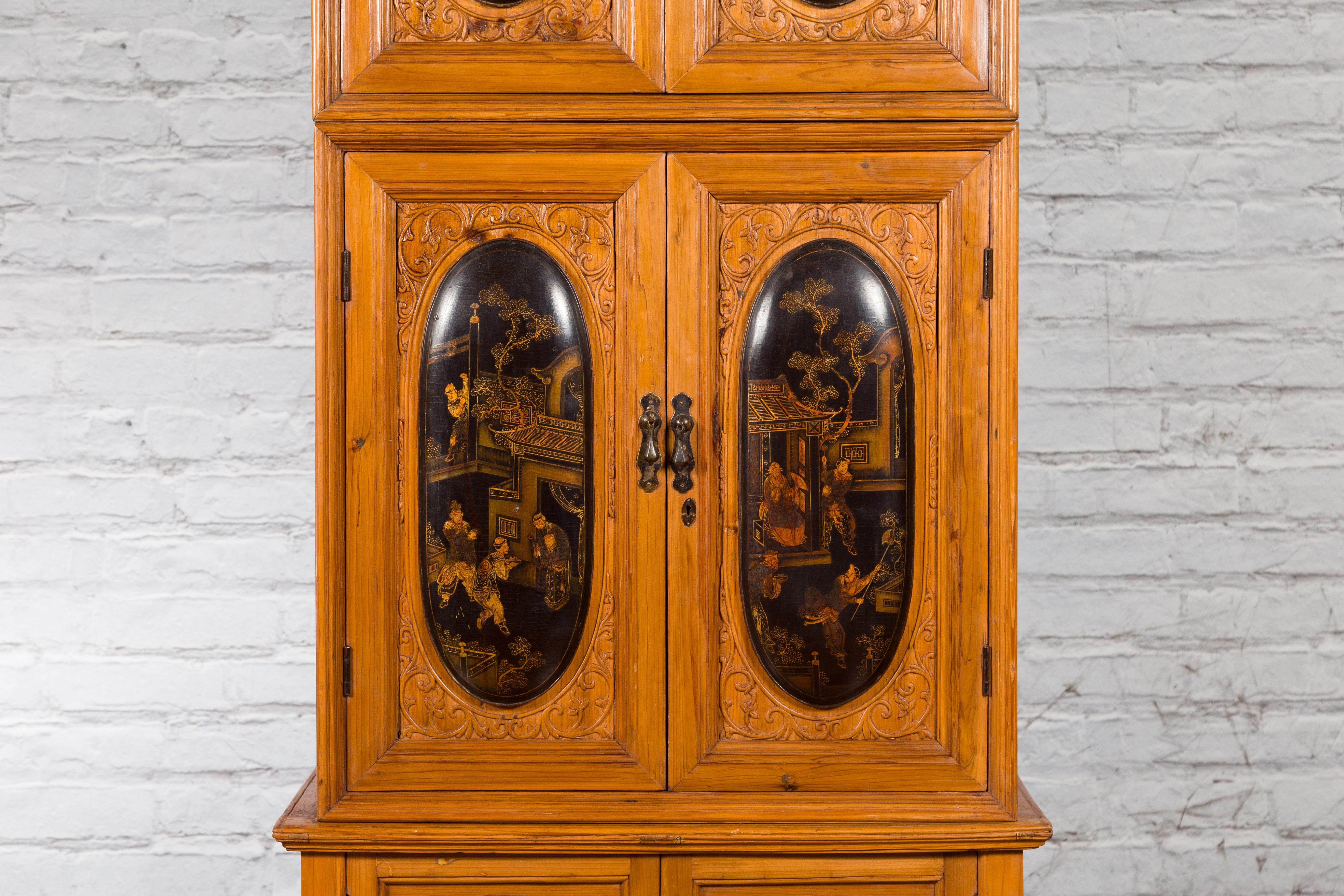 Tall Chinese 19th Century Qing Dynasty Wooden Cabinet with Chinoiserie Panels For Sale 2