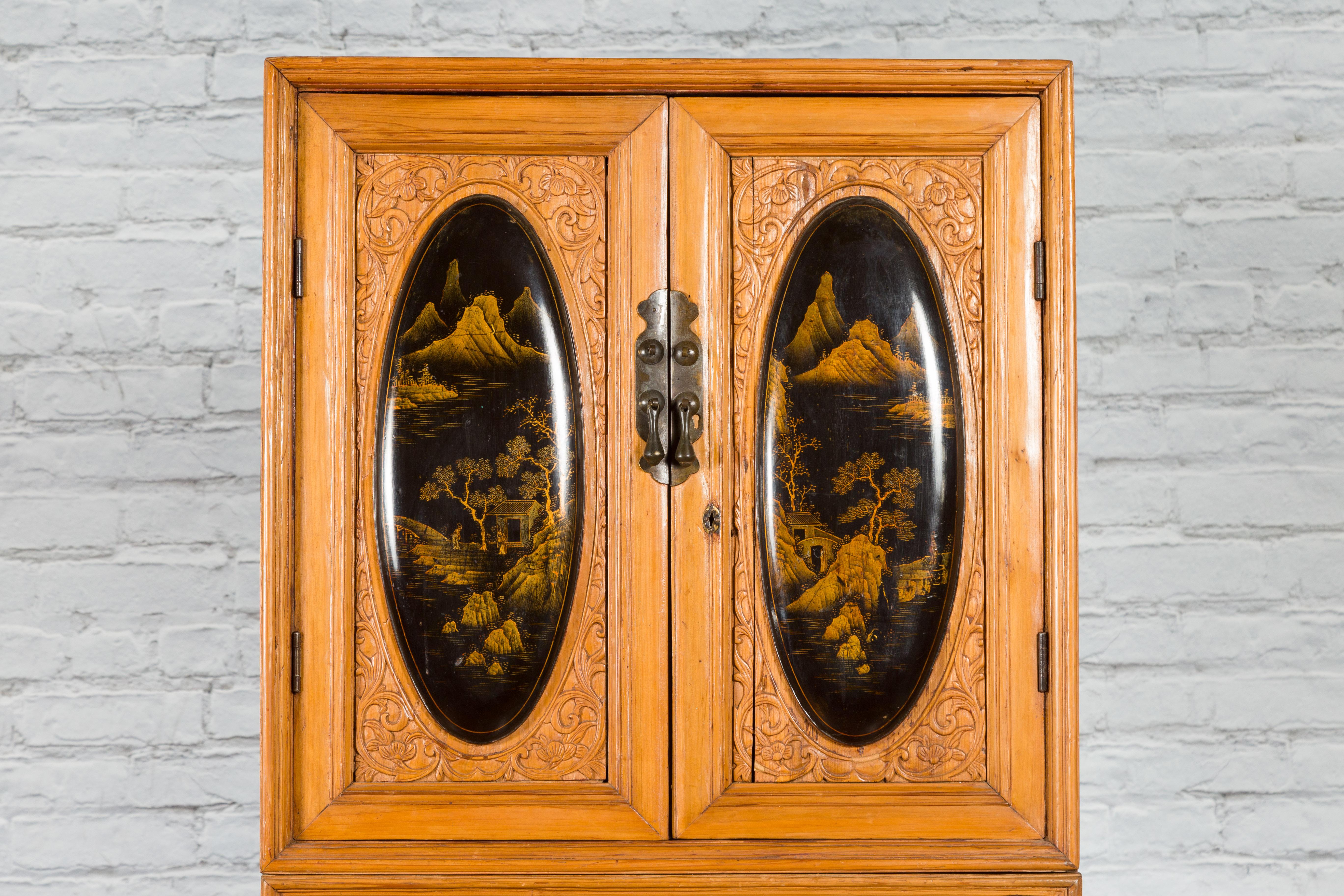 Carved Tall Chinese Qing Dynasty Style Wooden Cabinet with Chinoiserie Panels For Sale