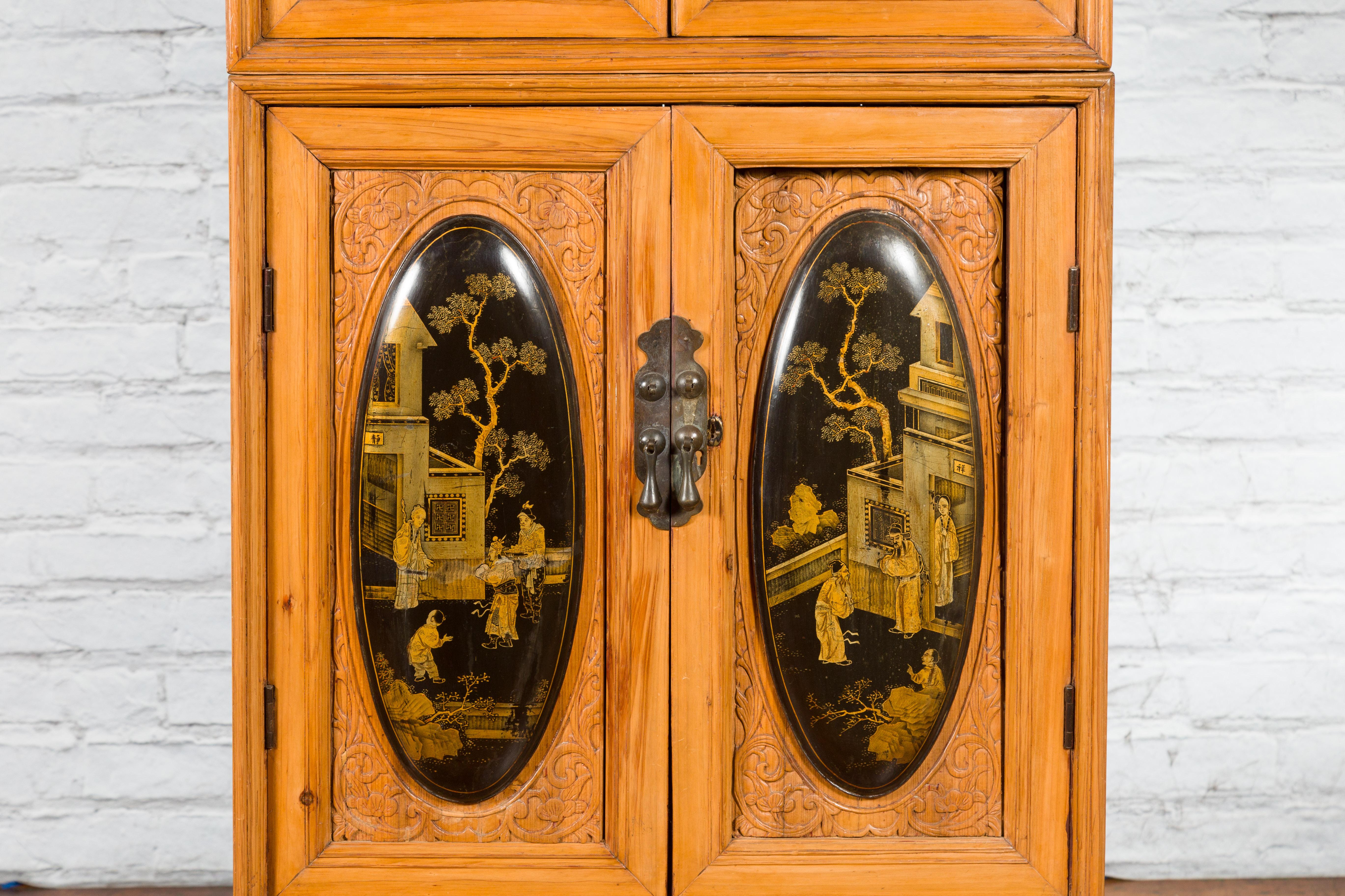 Tall Chinese Qing Dynasty Style Wooden Cabinet with Chinoiserie Panels In Good Condition For Sale In Yonkers, NY