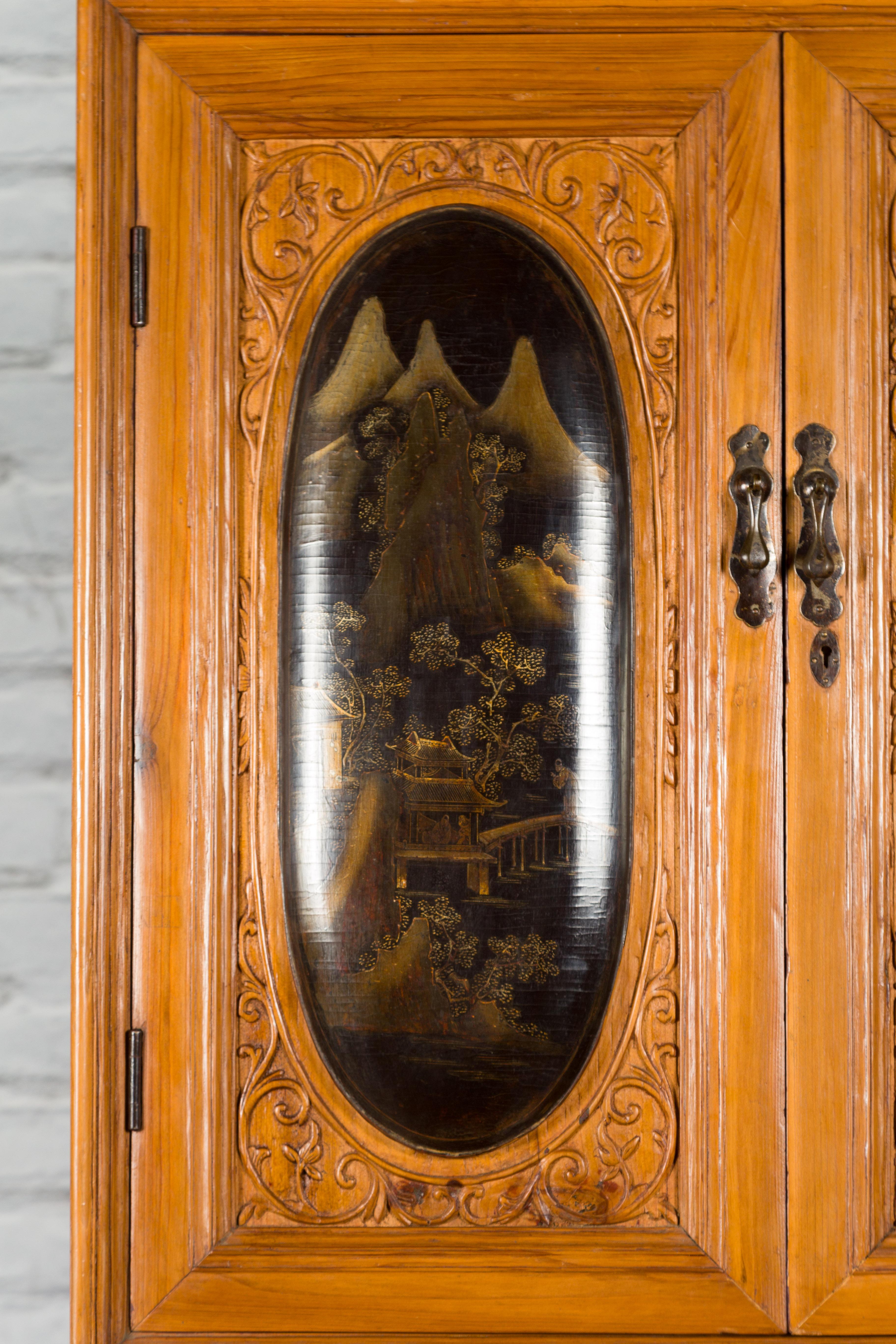 Tall Chinese 19th Century Qing Dynasty Wooden Cabinet with Chinoiserie Panels For Sale 4