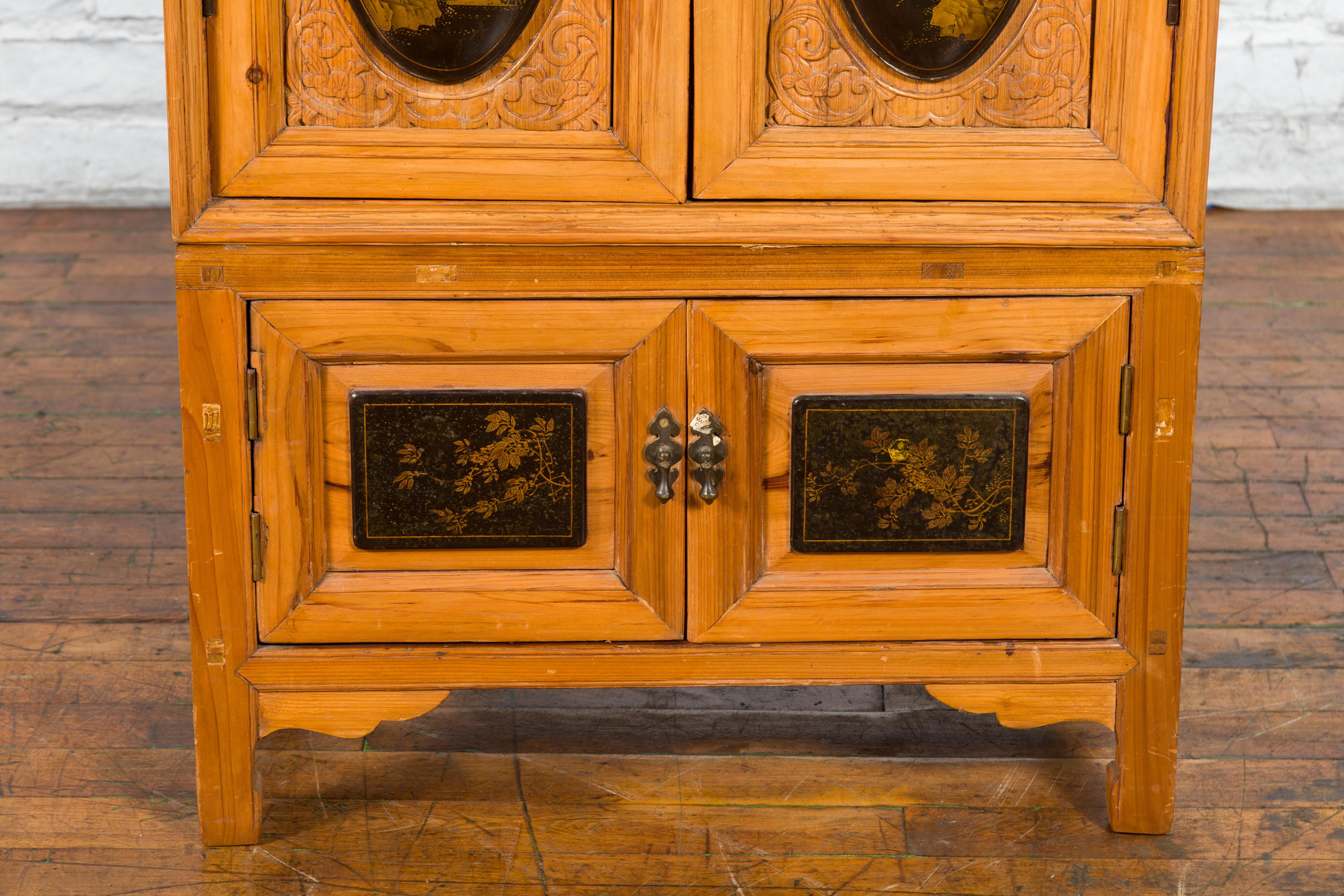 20th Century Tall Chinese Qing Dynasty Style Wooden Cabinet with Chinoiserie Panels For Sale