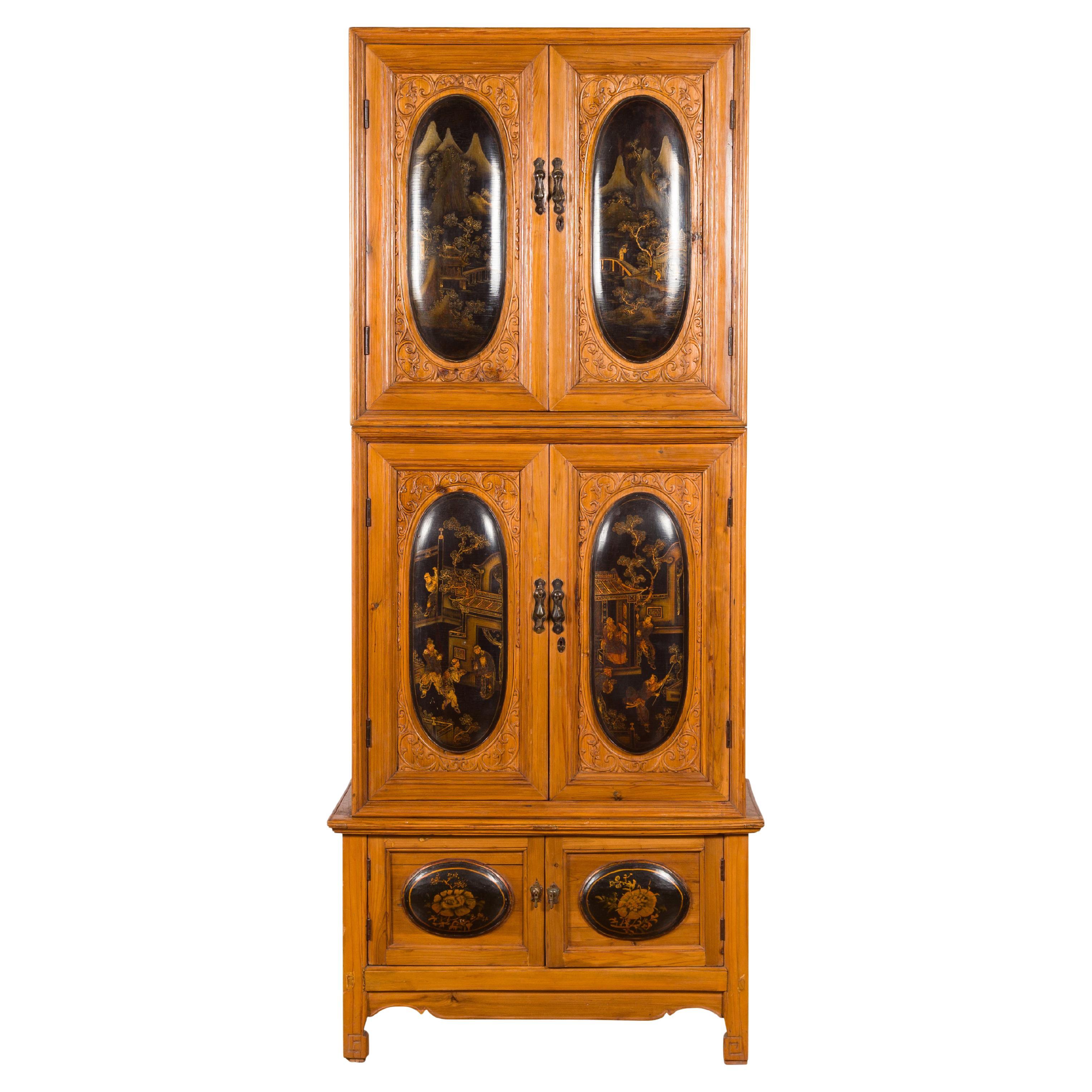 Tall Chinese 19th Century Qing Dynasty Wooden Cabinet with Chinoiserie Panels For Sale