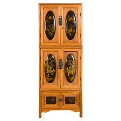 Vintage Tall Chinese Qing Dynasty Style Wooden Cabinet with Chinoiserie Panels