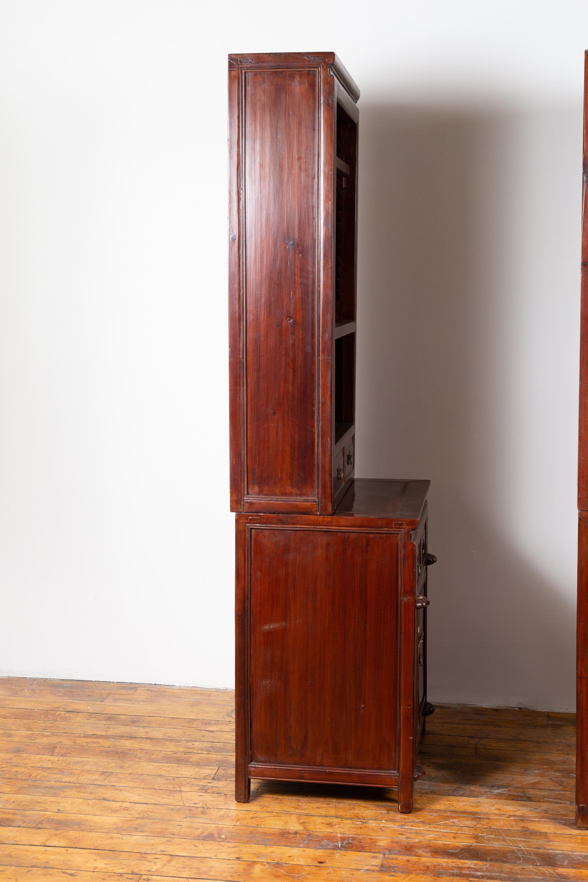 20th Century Tall Chinese Antique Two-Part Lacquered Cupboard with Shelves, Doors and Drawers