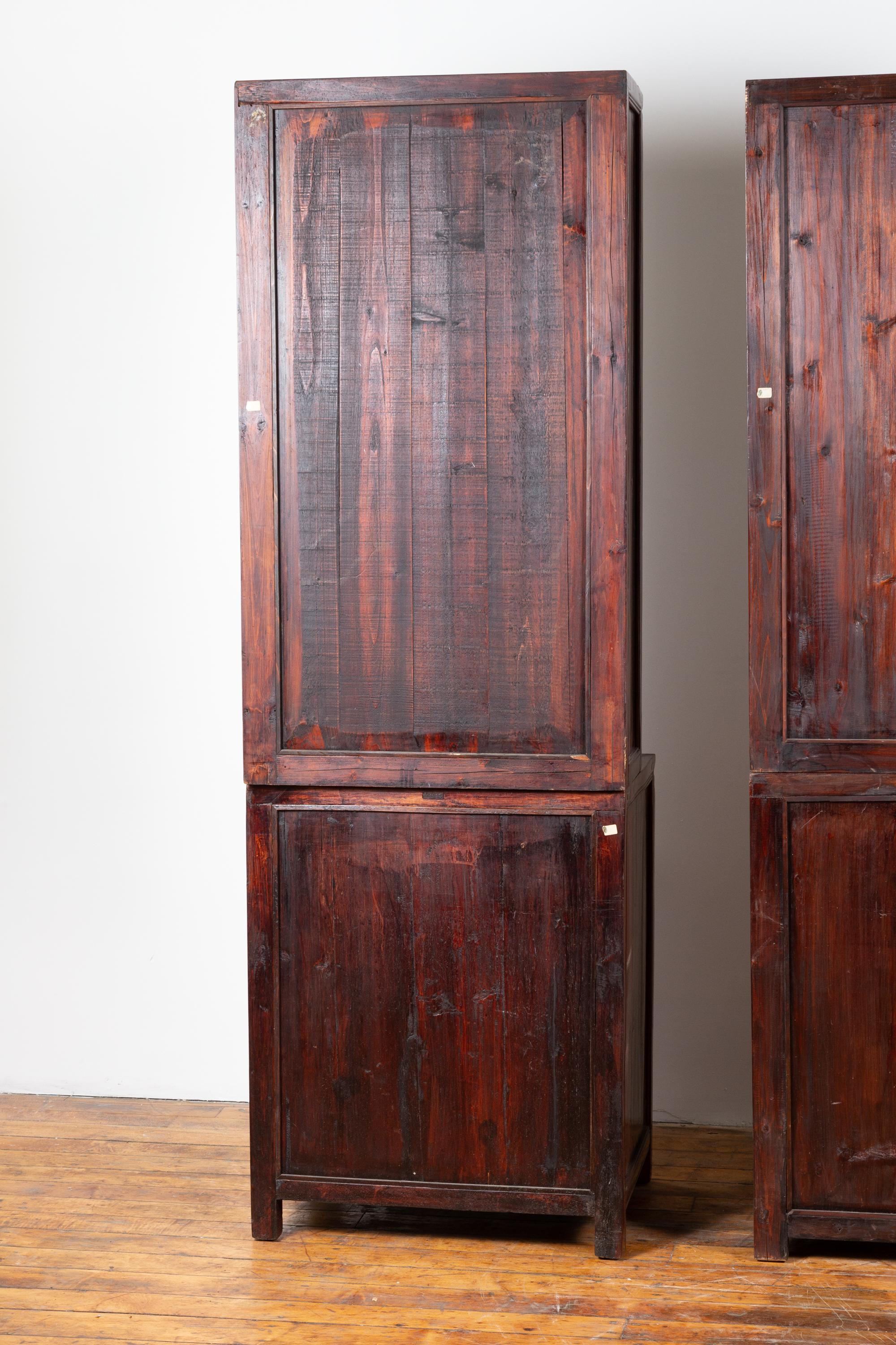 Wood Tall Chinese Antique Two-Part Lacquered Cupboard with Shelves, Doors and Drawers