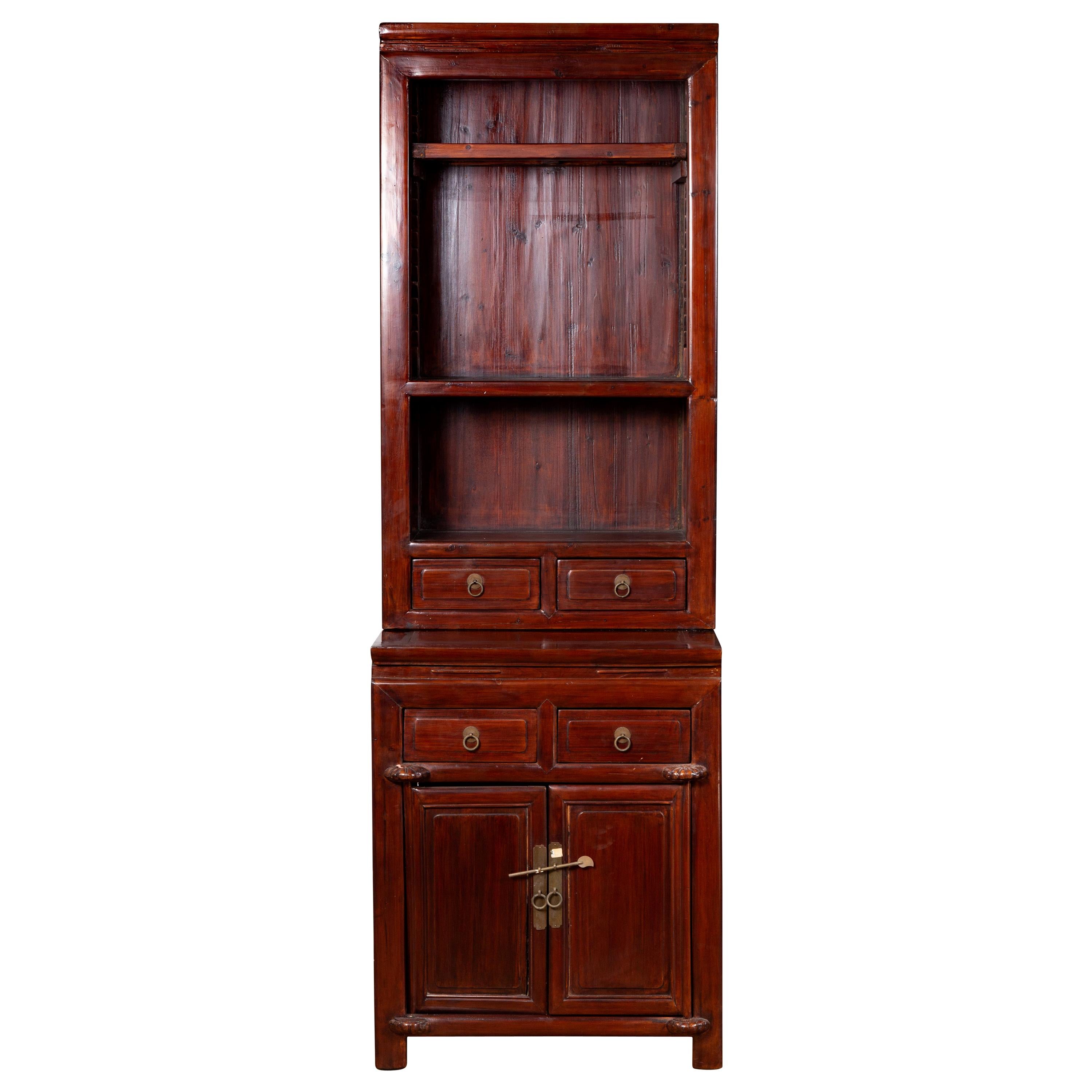 Tall Chinese Antique Two-Part Lacquered Cupboard with Shelves, Doors and Drawers
